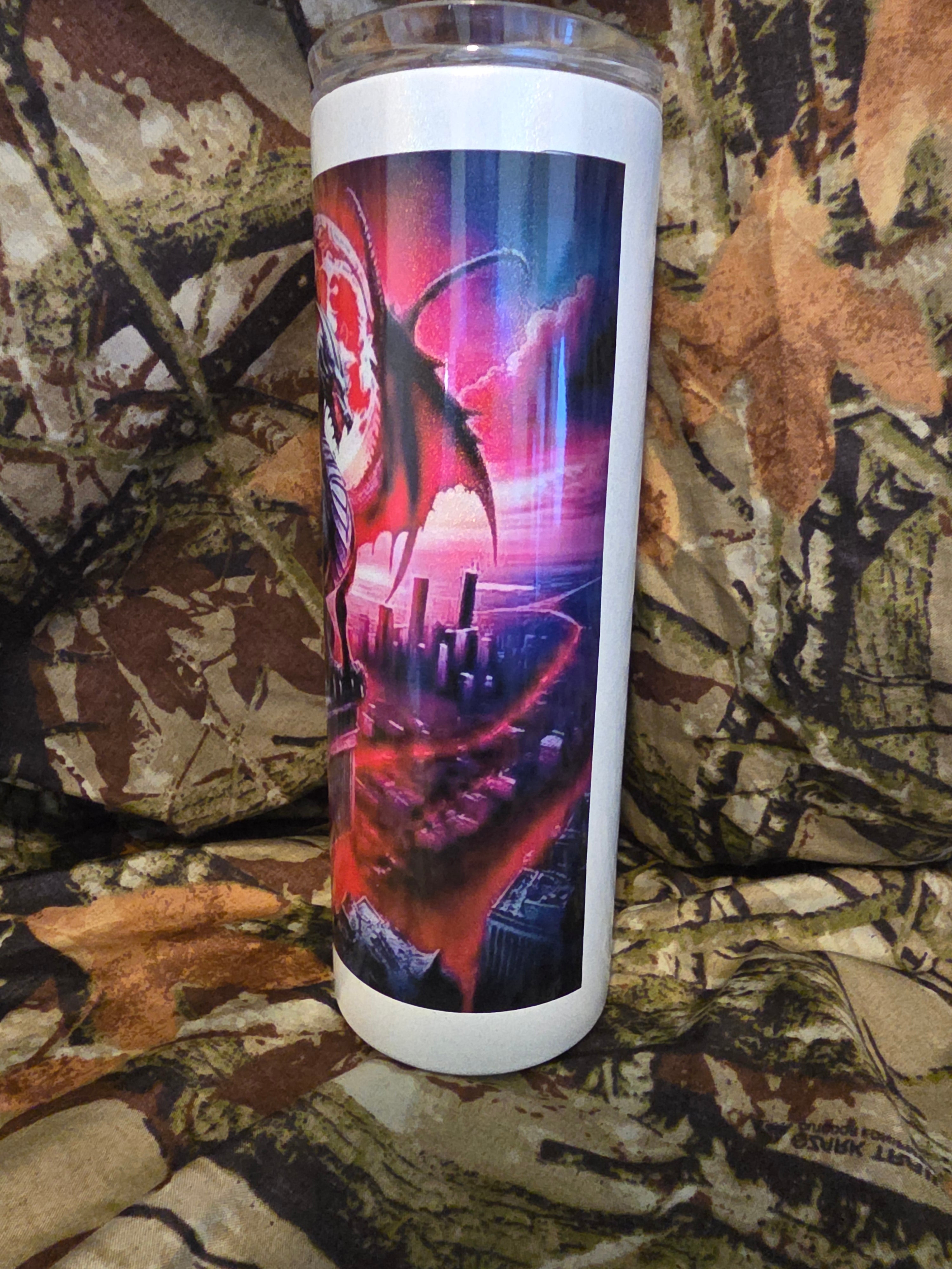 Dragon Moon Cityscape 20oz Skinny Tumbler – Fantasy Dragon Stainless Steel Cup – Gothic Fantasy Travel Mug