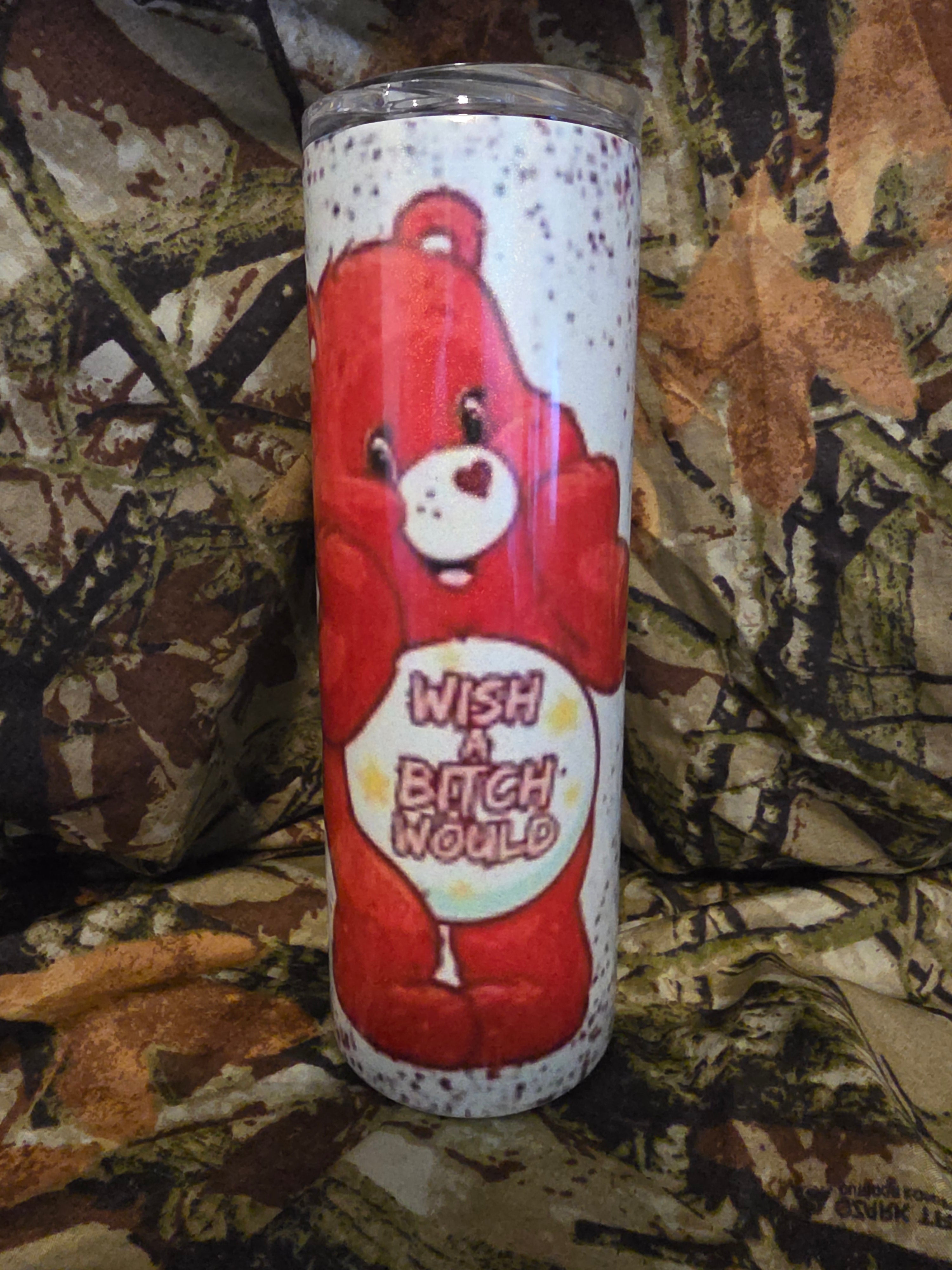 Wish A Bitch Would 20oz Skinny Tumbler – Funny Red Bear Stainless Steel Cup – Sarcastic Glitter Travel Mug
