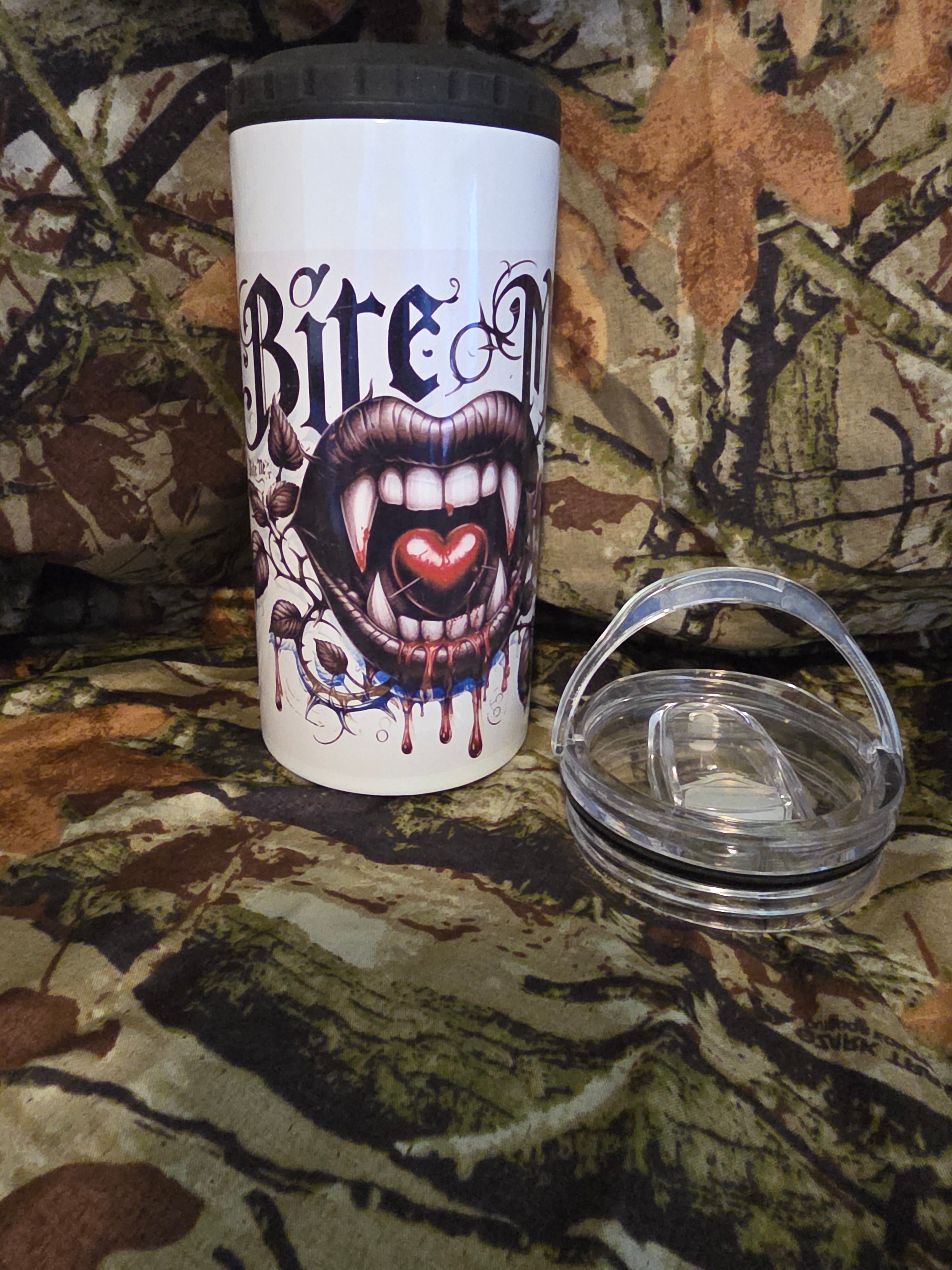 Bite Me Vampire 16 oz Cozy Style Tumbler with Lid Straw & Bottle Opener