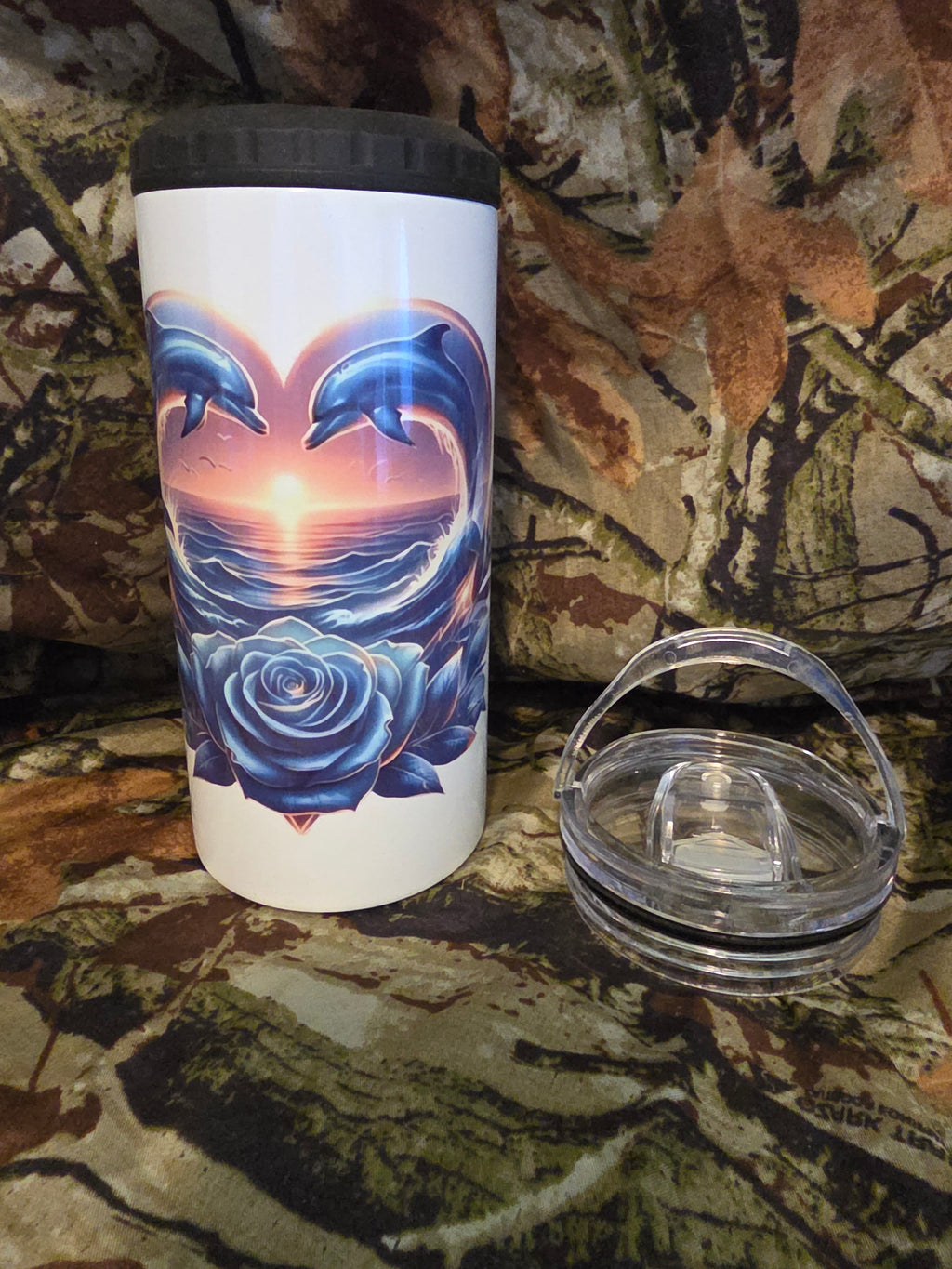 Dolphin Sunset Heart 16 oz Cozy Style Tumbler with Lid Straw & Bottle Opener