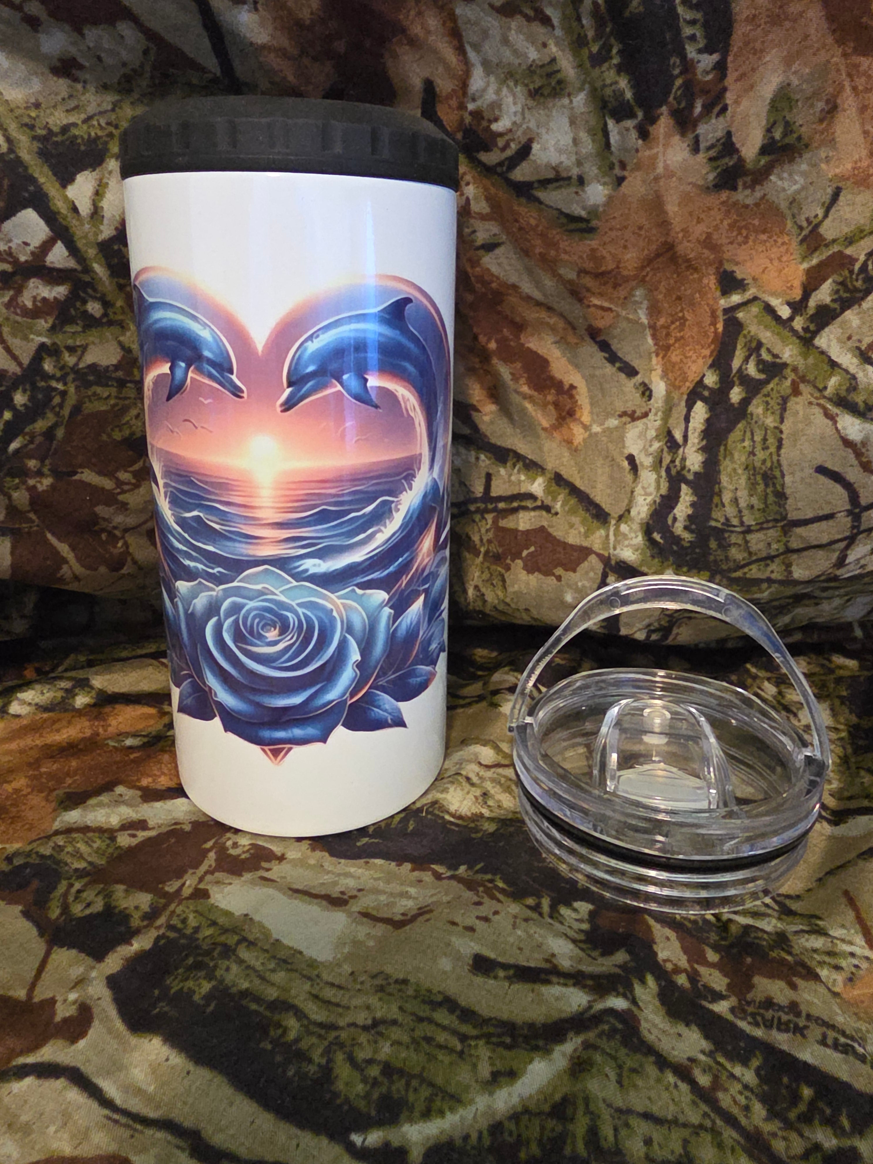 Dolphin Sunset Heart 16 oz Cozy Style Tumbler with Lid Straw & Bottle Opener