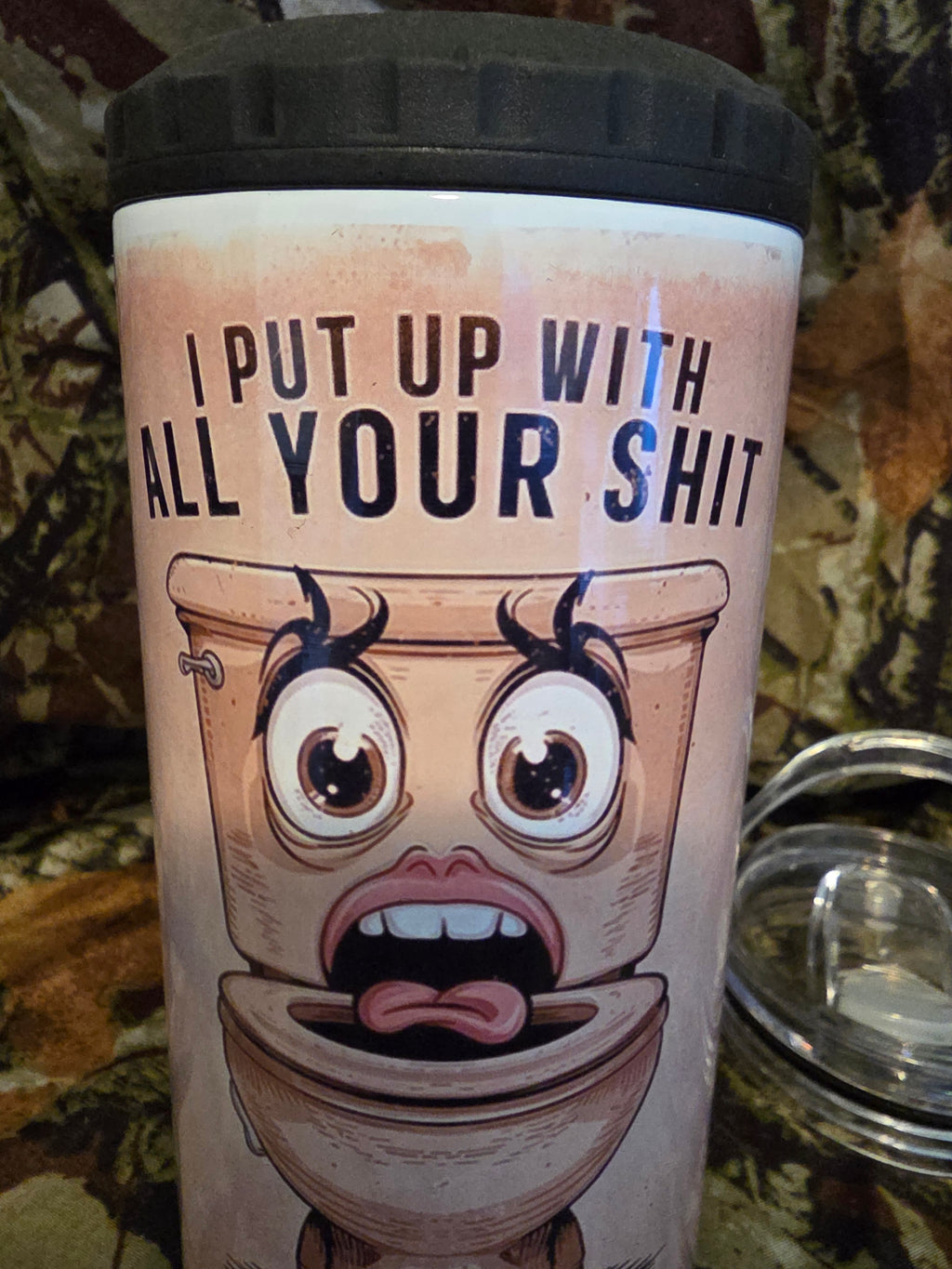 I Put Up With All Your Shit Funny Toilet 16 oz Cozy Style Tumbler with Lid Straw & Bottle Opener