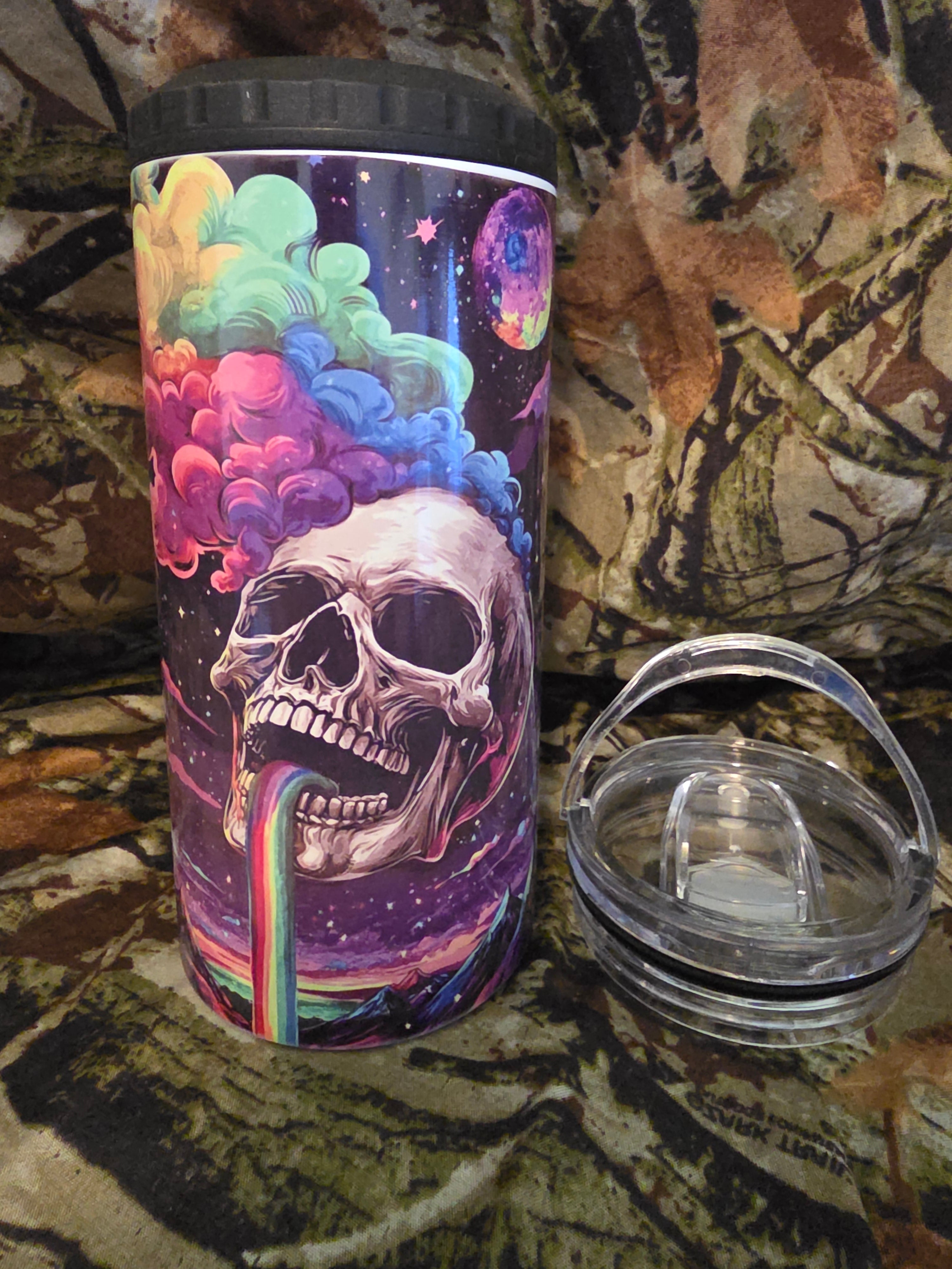 Psychedelic Rainbow Skull 16 oz Cozy Style Tumbler with Lid Straw & Bottle Opener