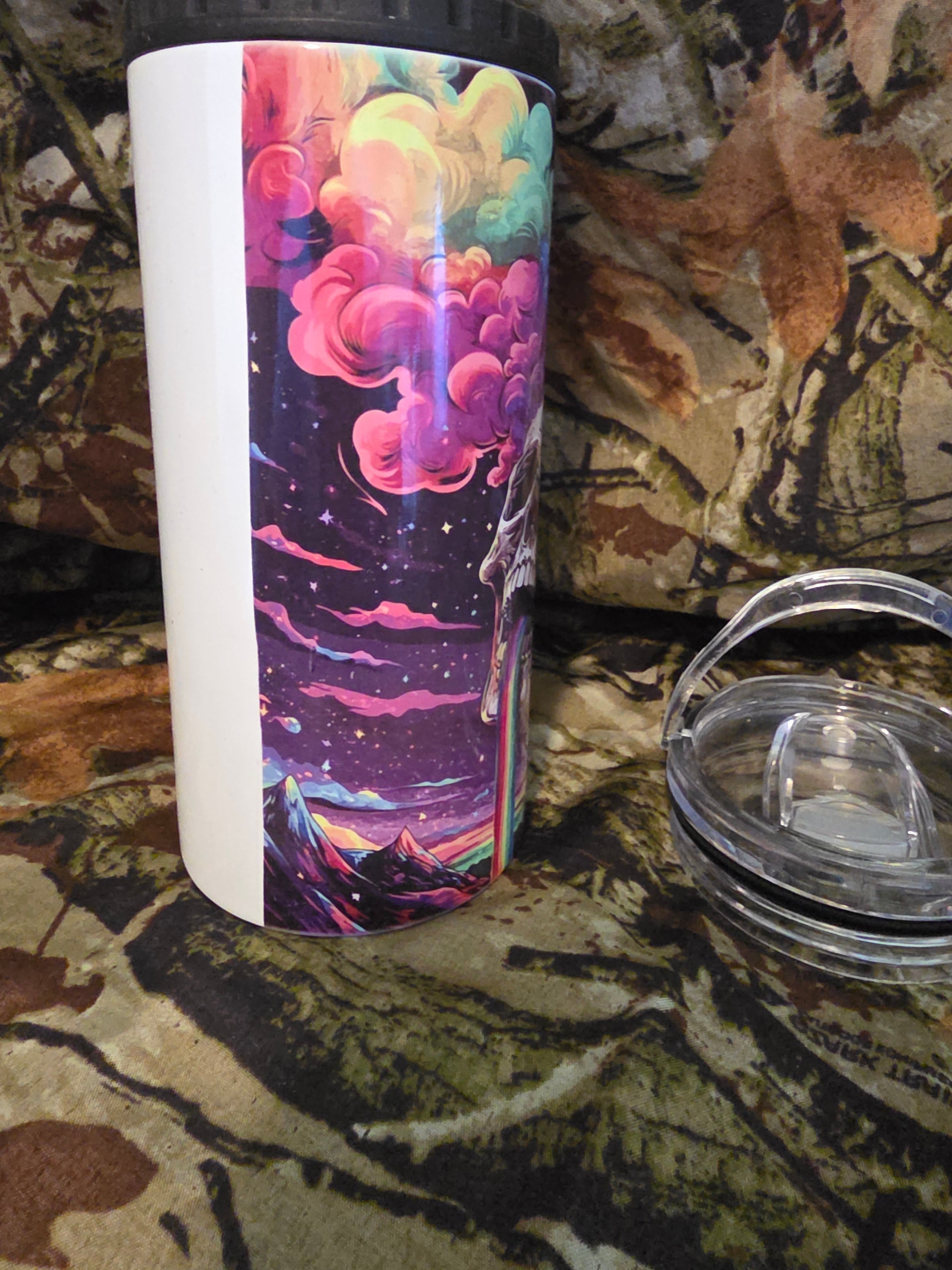 Psychedelic Rainbow Skull 16 oz Cozy Style Tumbler with Lid Straw & Bottle Opener