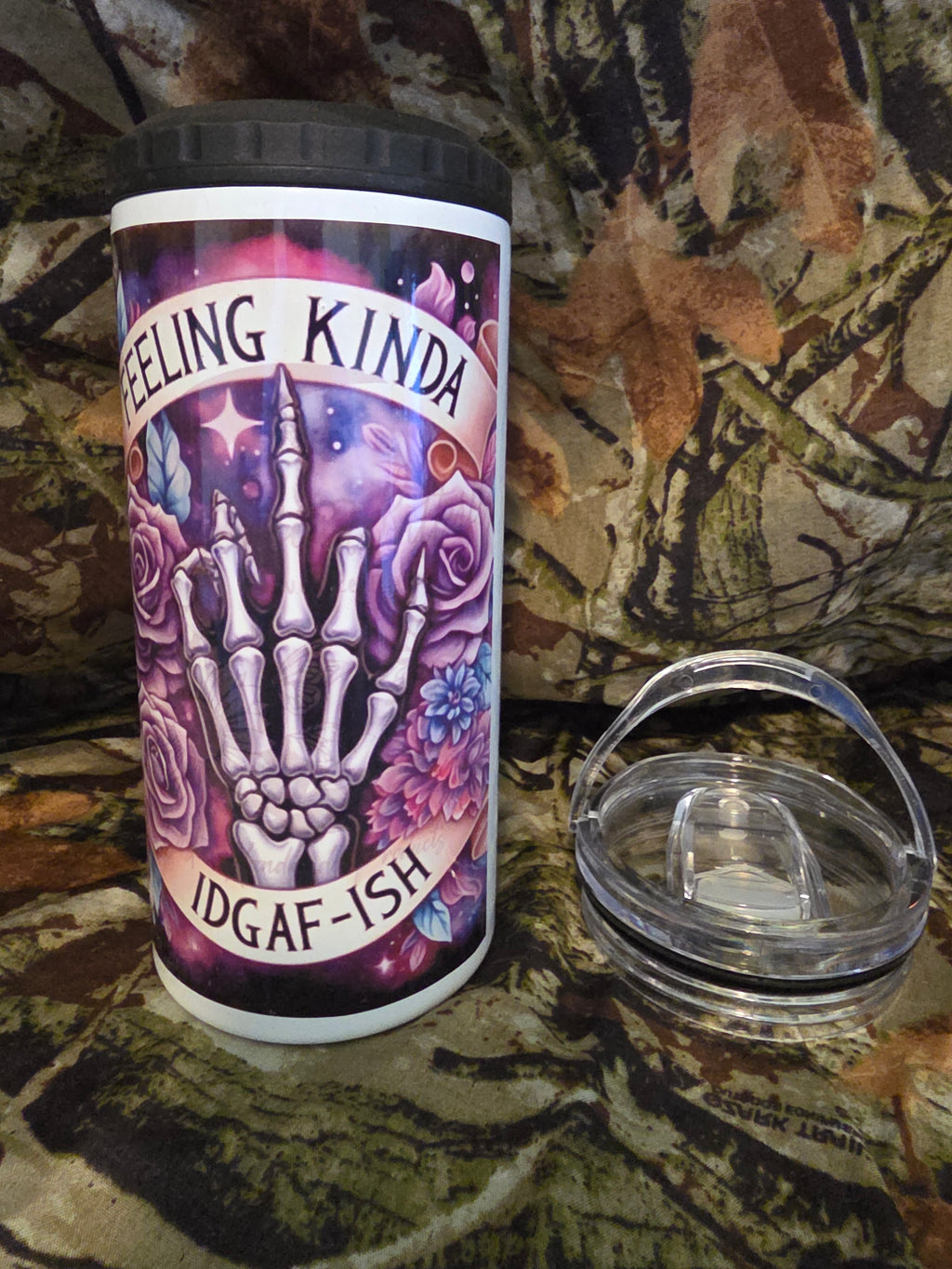 Feeling Kinda IDGAF-ish 16 oz Gothic Floral Skeleton Hand Tumbler with Lid Straw & Bottle Opener