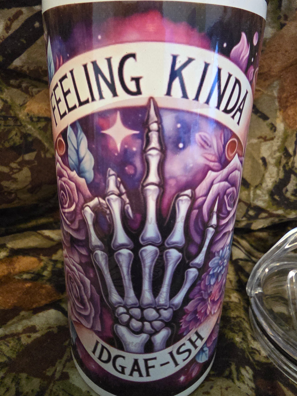 Feeling Kinda IDGAF-ish 16 oz Gothic Floral Skeleton Hand Tumbler with Lid Straw & Bottle Opener