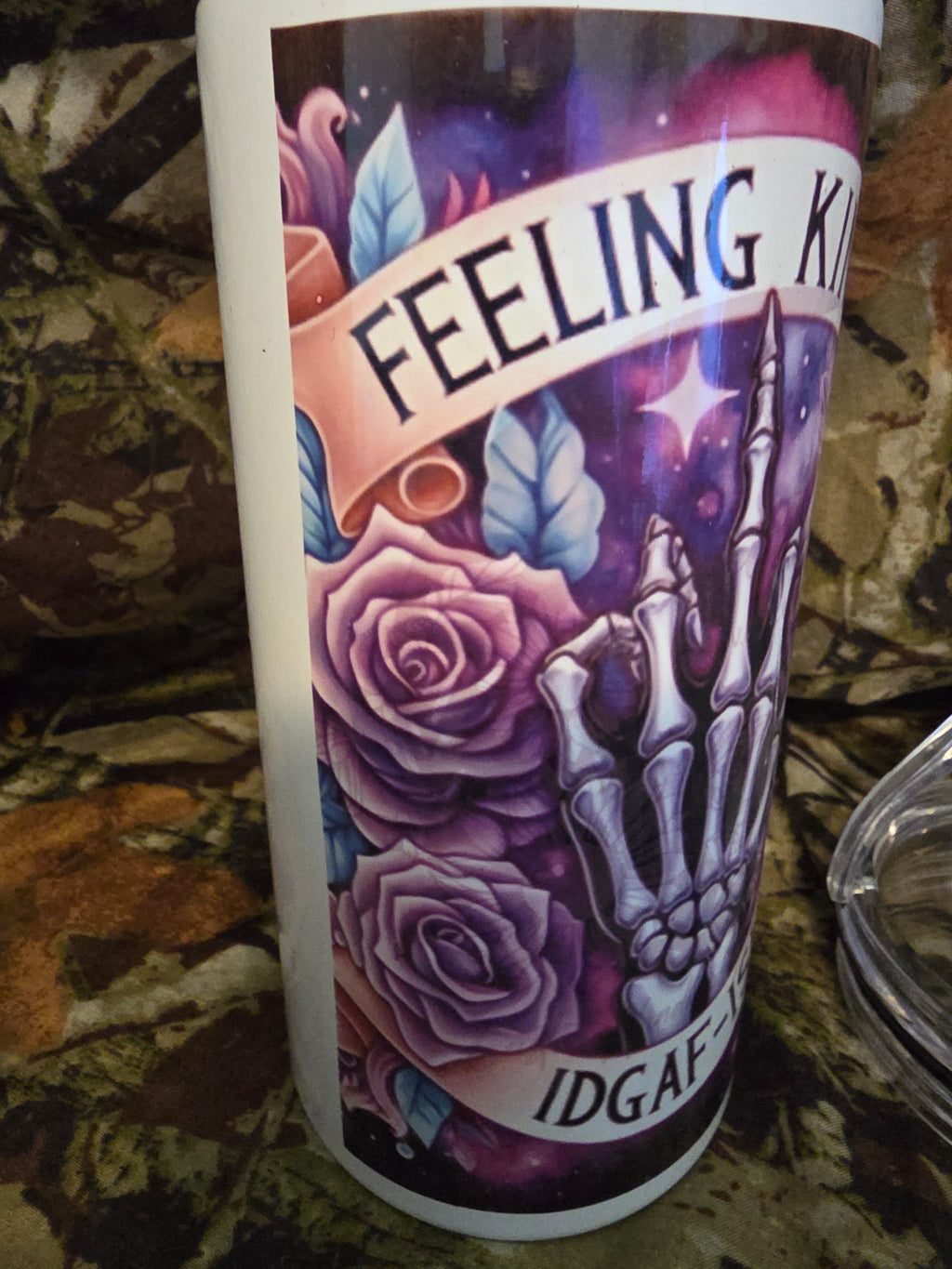 Feeling Kinda IDGAF-ish 16 oz Gothic Floral Skeleton Hand Tumbler with Lid Straw & Bottle Opener