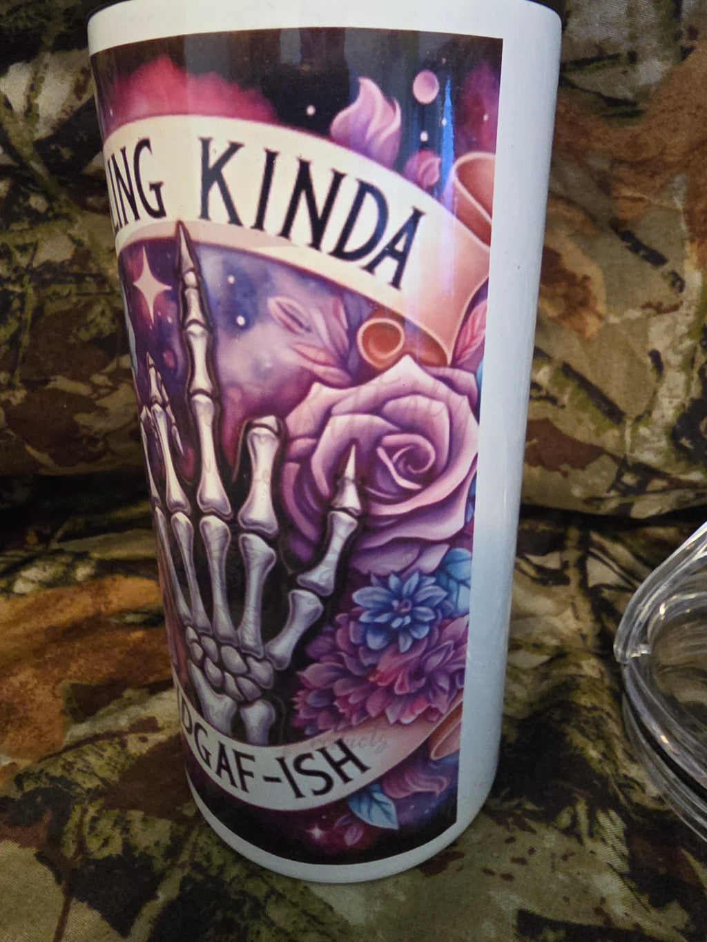 Feeling Kinda IDGAF-ish 16 oz Gothic Floral Skeleton Hand Tumbler with Lid Straw & Bottle Opener