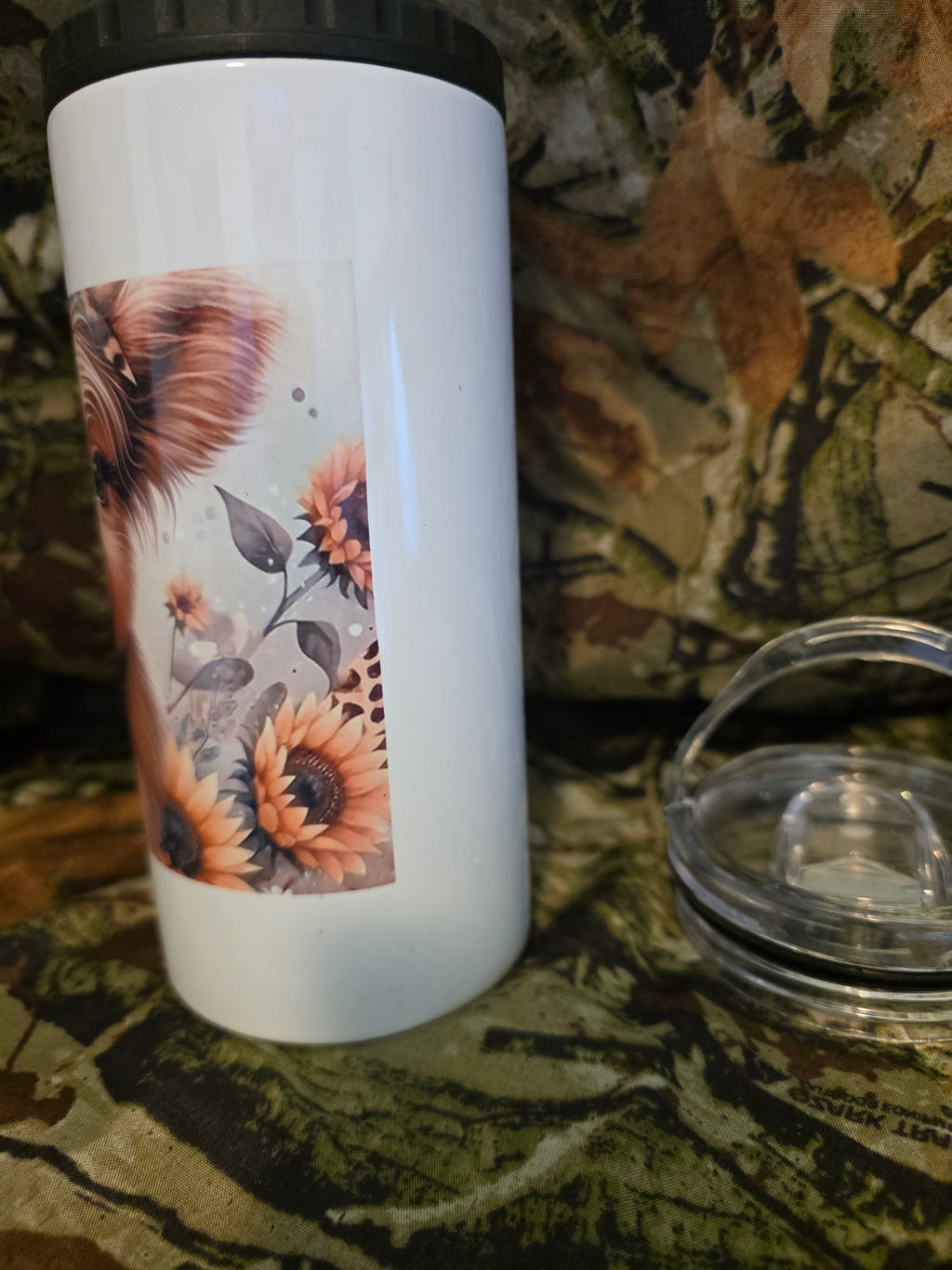 Sunflower Highland Cow 16 oz Stainless Steel Tumbler with Lid Straw & Bottle Opener
