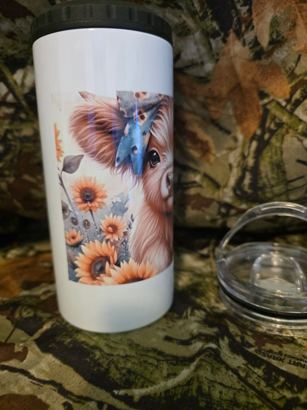 Sunflower Highland Cow 16 oz Stainless Steel Tumbler with Lid Straw & Bottle Opener