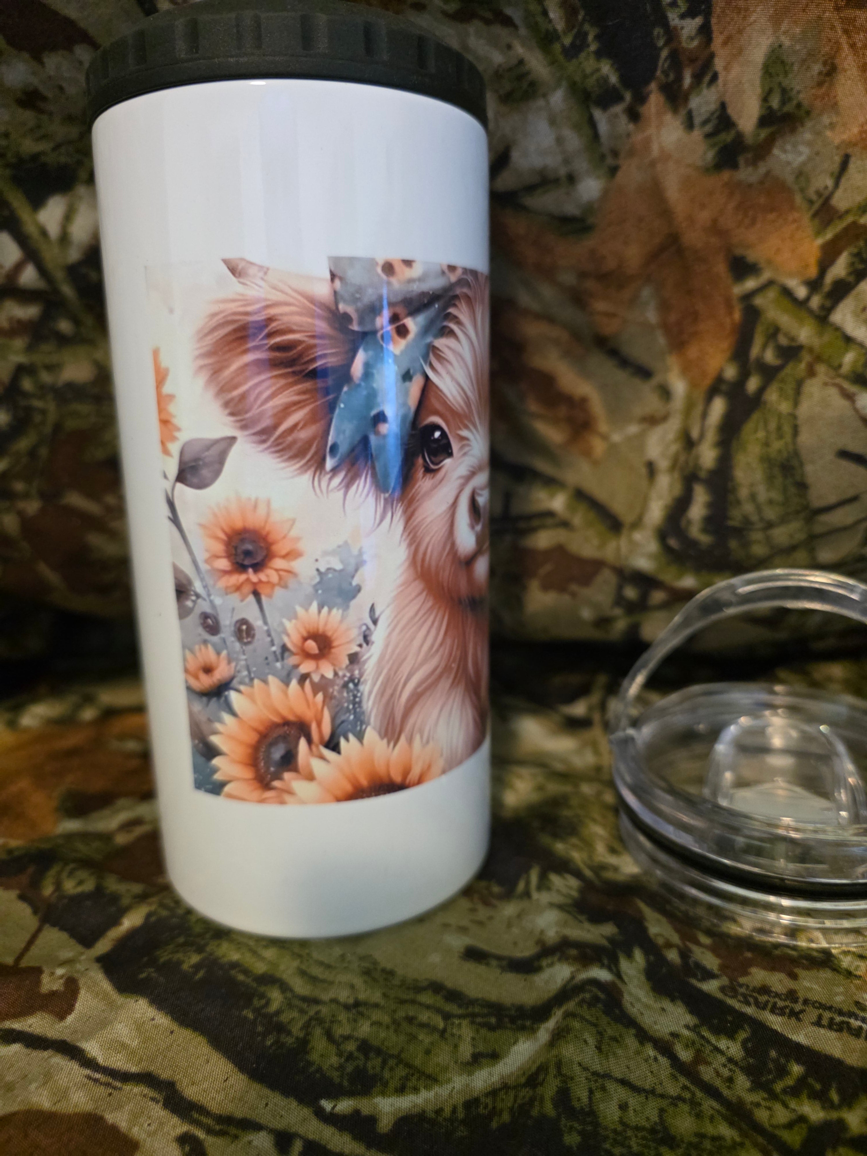 Sunflower Highland Cow 16 oz Stainless Steel Tumbler with Lid Straw & Bottle Opener