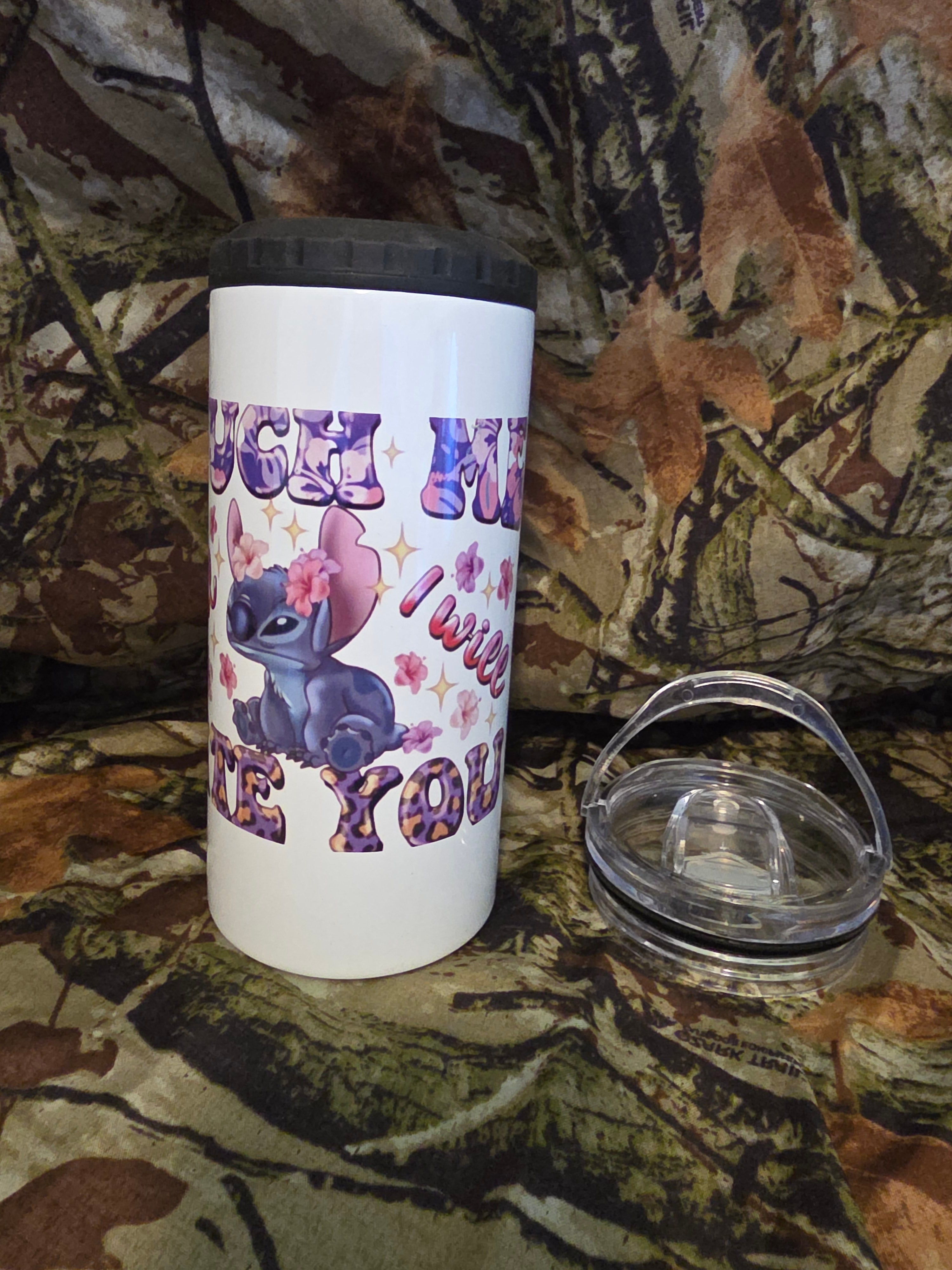 Touch Me and I Will Bite You Stitch Inspired 16 oz Stainless Steel Tumbler with Lid Straw & Bottle Opener