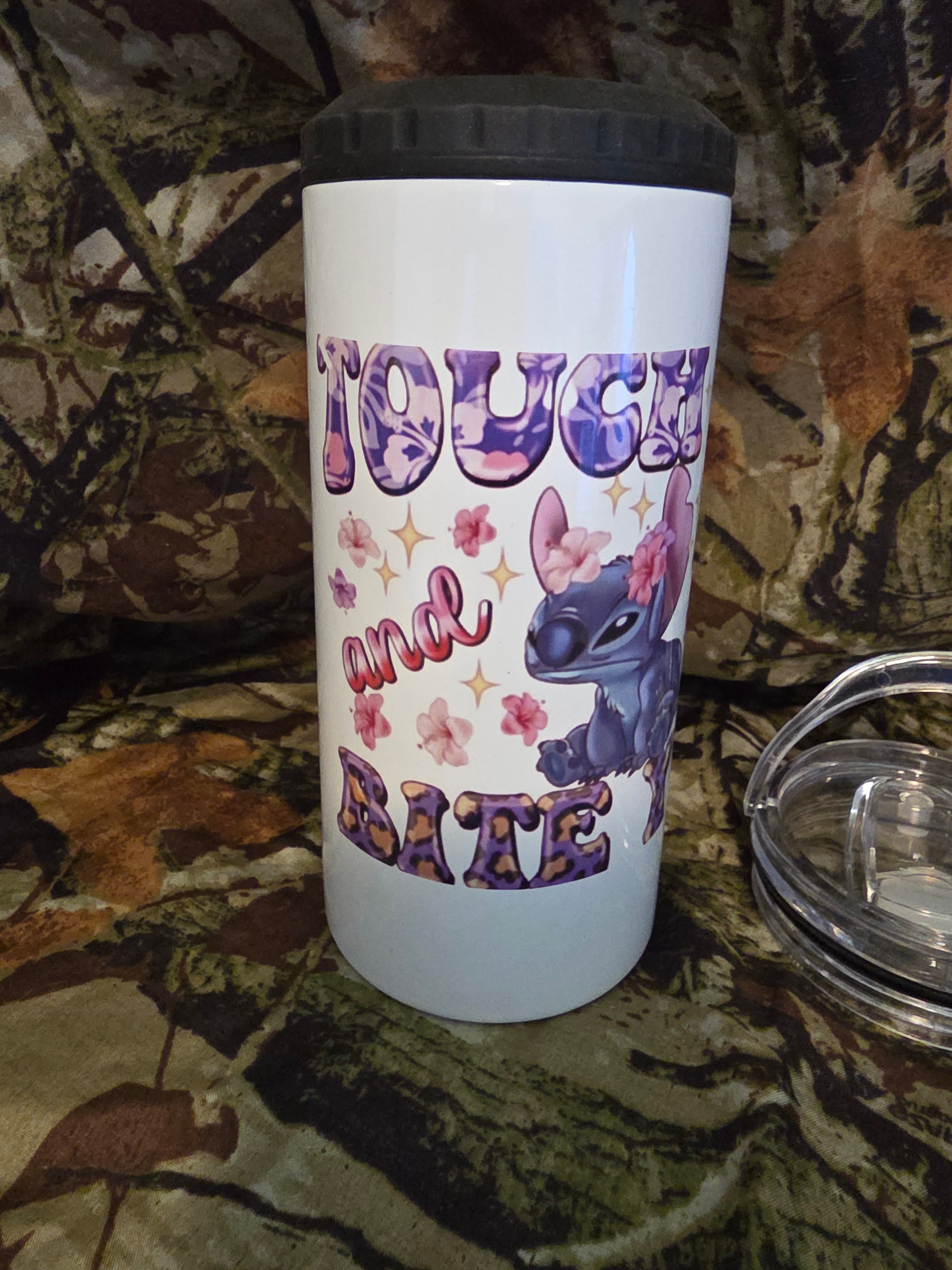 Touch Me and I Will Bite You Stitch Inspired 16 oz Stainless Steel Tumbler with Lid Straw & Bottle Opener