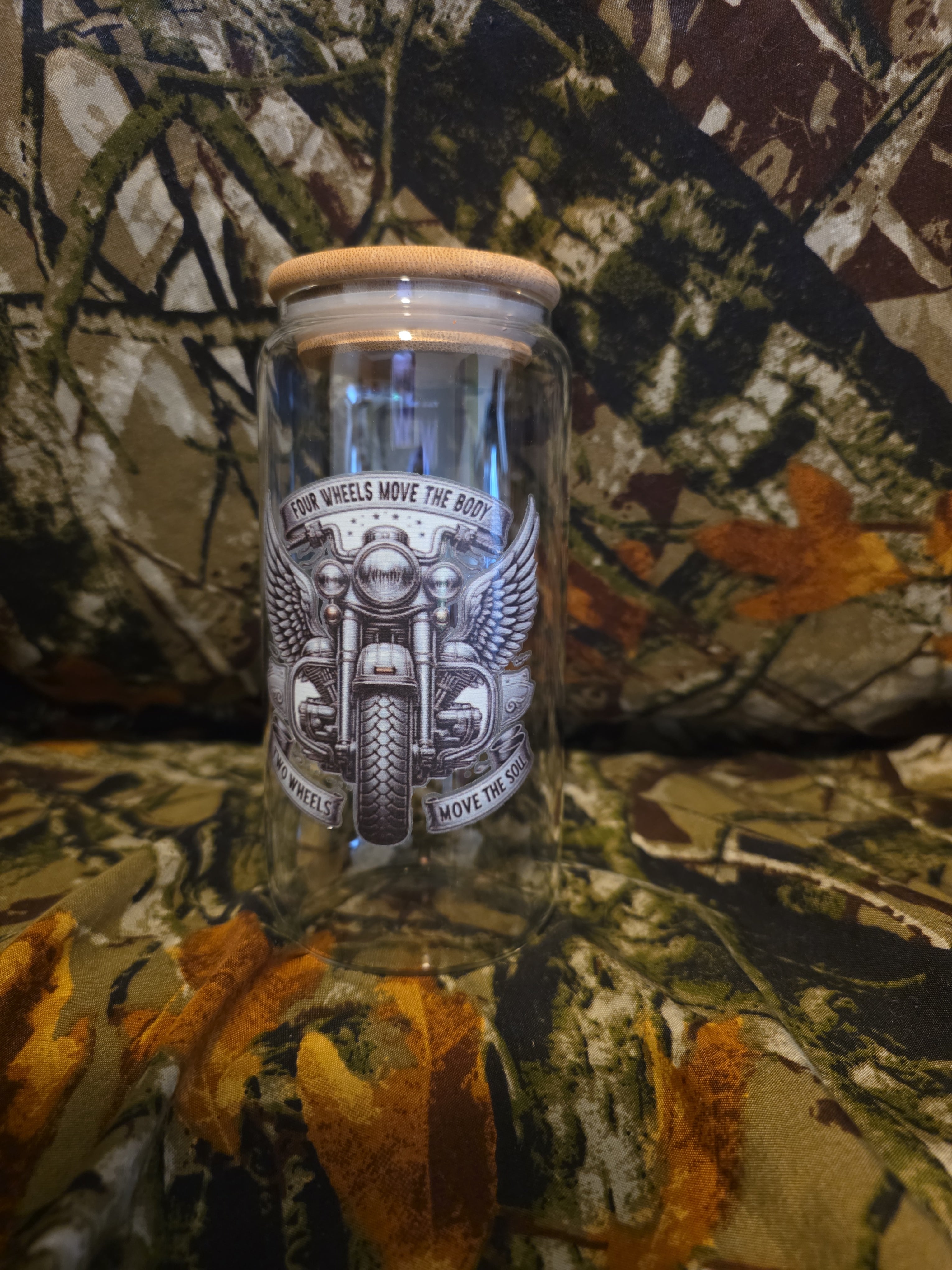 Four Wheels Move the Body Two Wheels Move the Soul Glass Tumbler