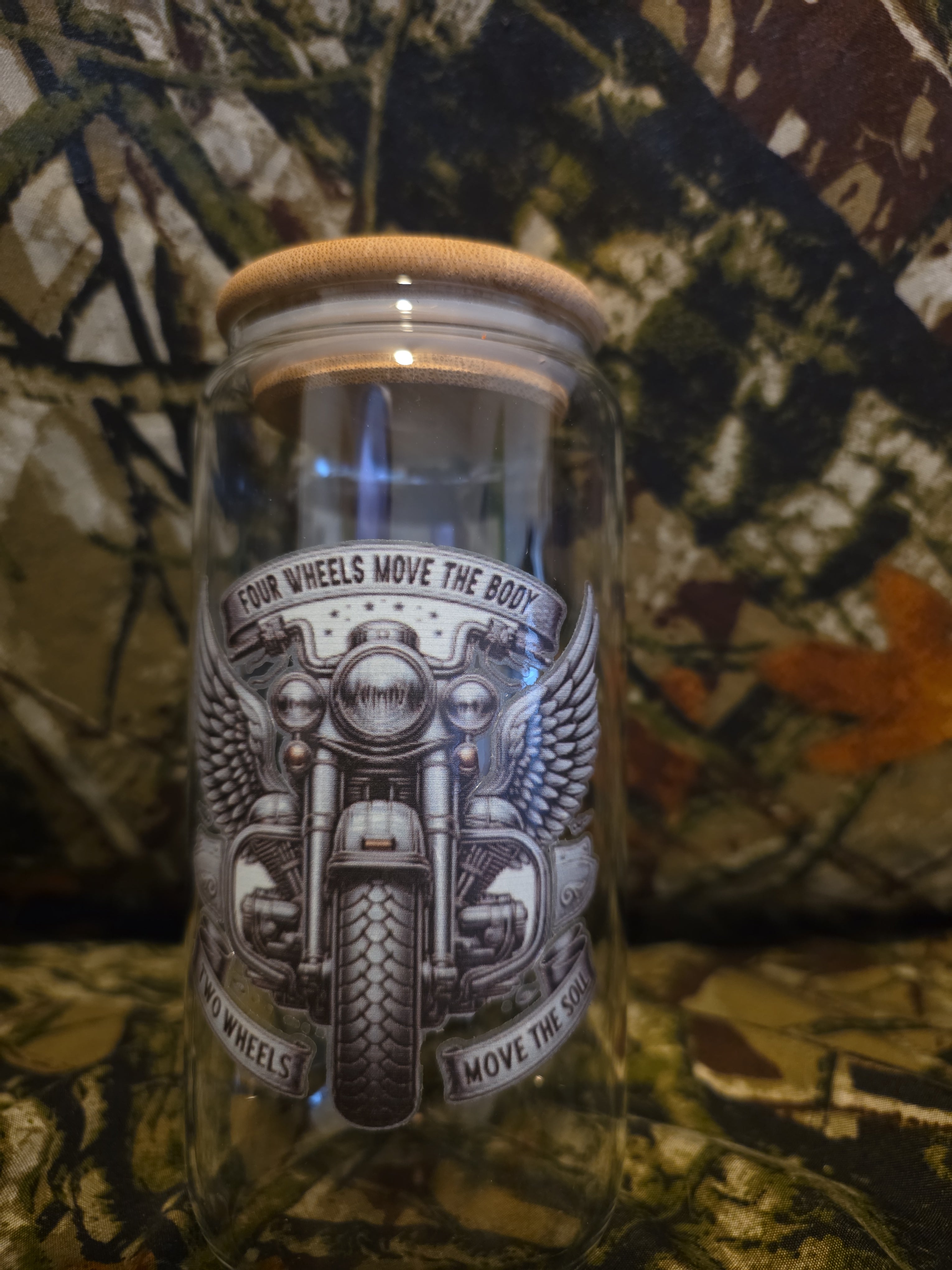 Four Wheels Move the Body Two Wheels Move the Soul Glass Tumbler