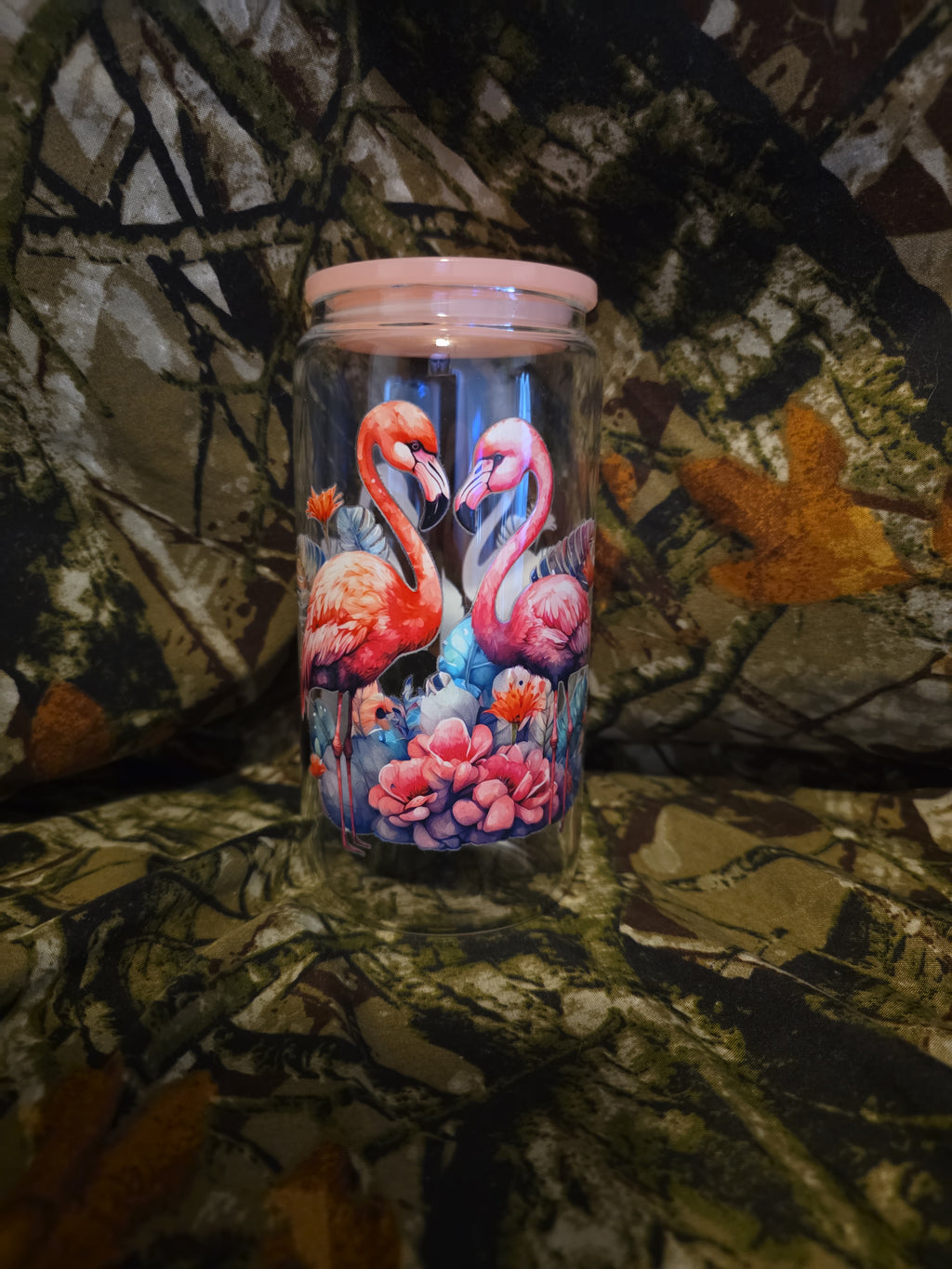 Pink Flamingo Floral Glass Tumbler with Straw – 16 oz