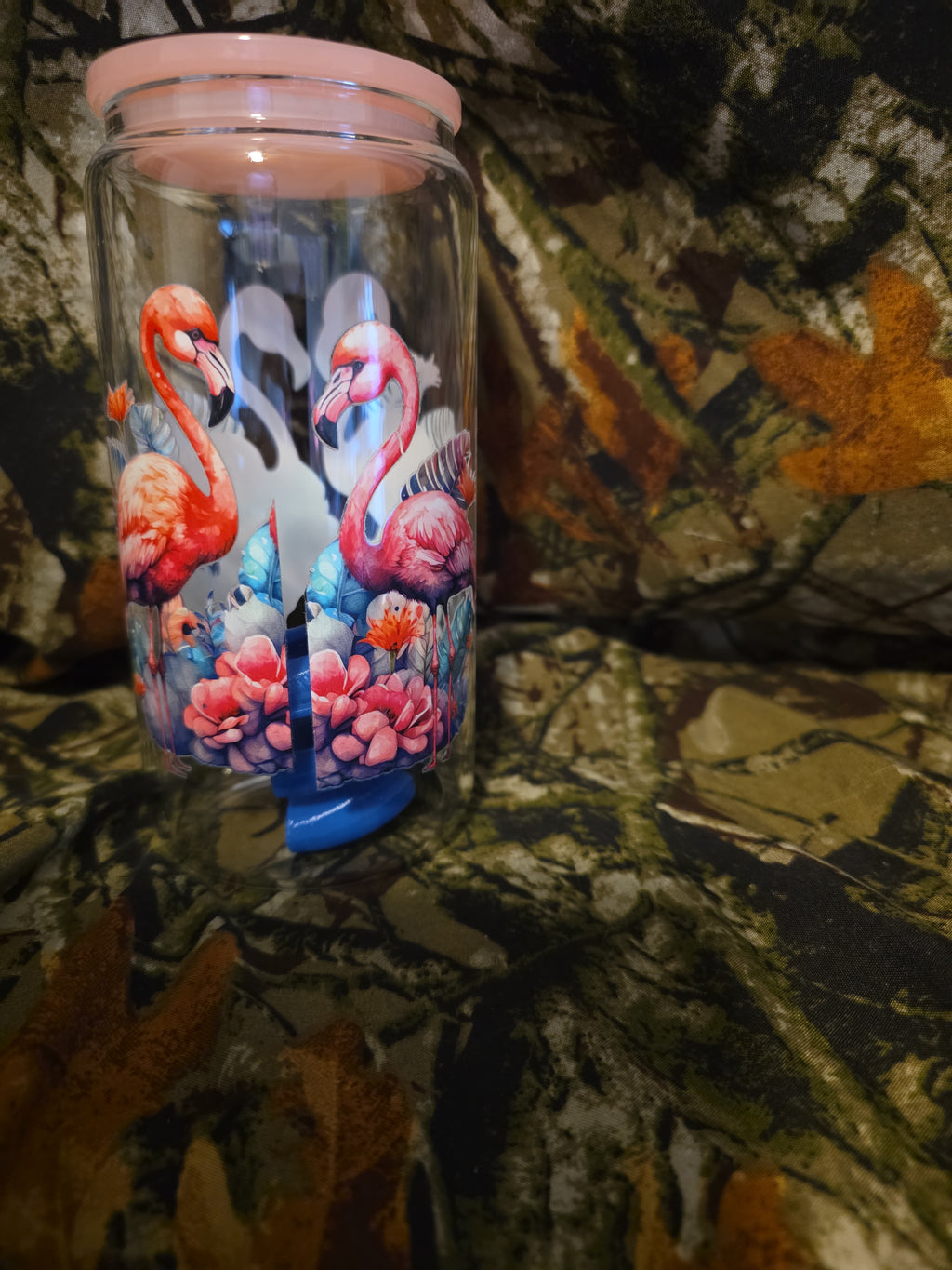 Pink Flamingo Floral Glass Tumbler with Straw – 16 oz
