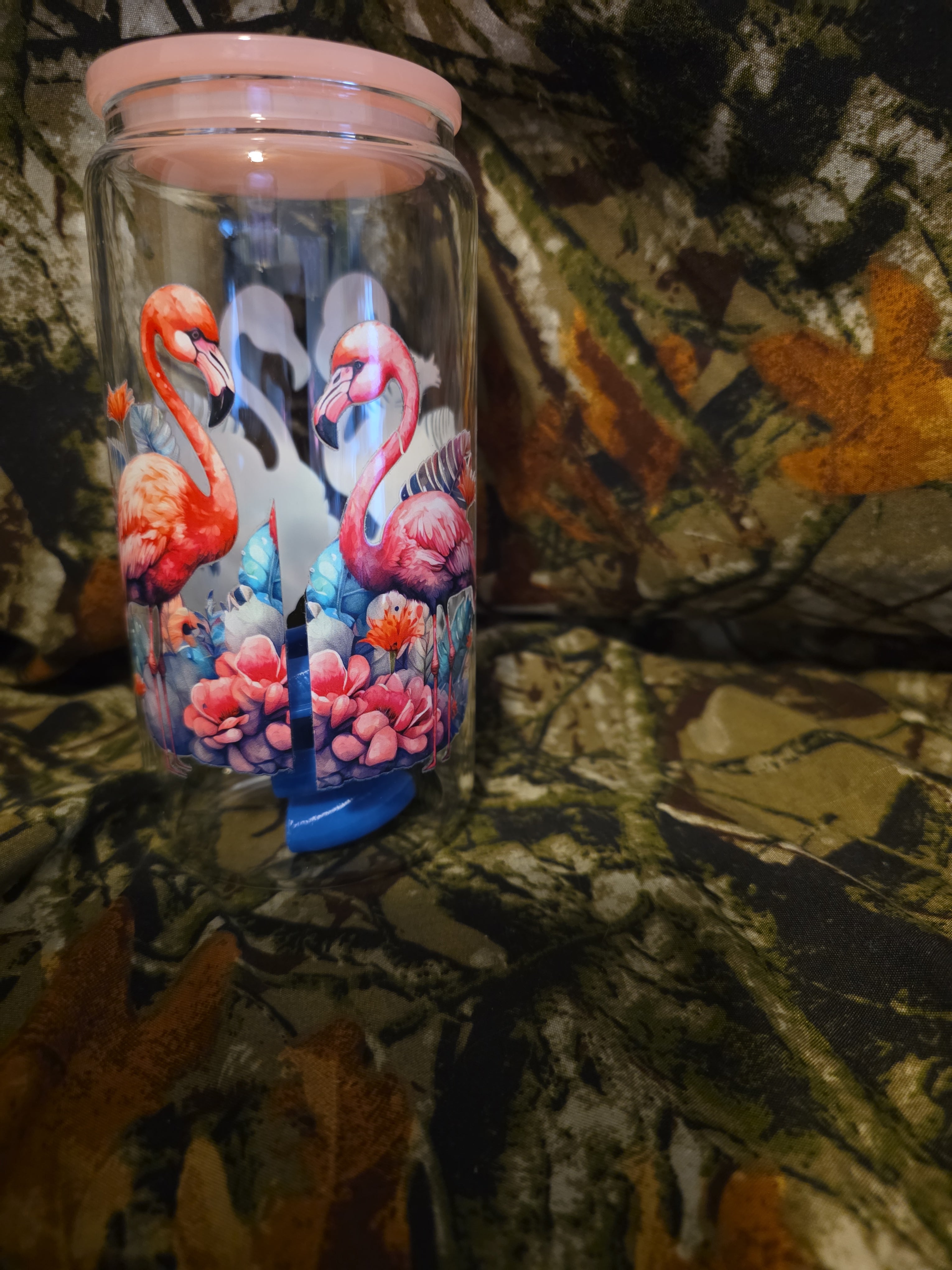 Pink Flamingo Floral Glass Tumbler with Straw – 16 oz