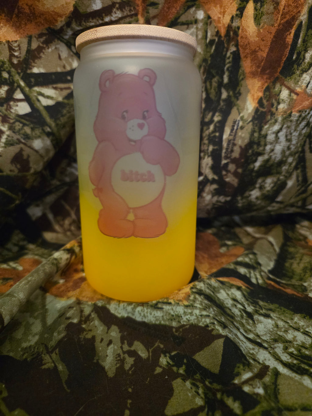 16 oz Frosted Glass Can Tumbler – Funny Care Bear Adult Humor Cup