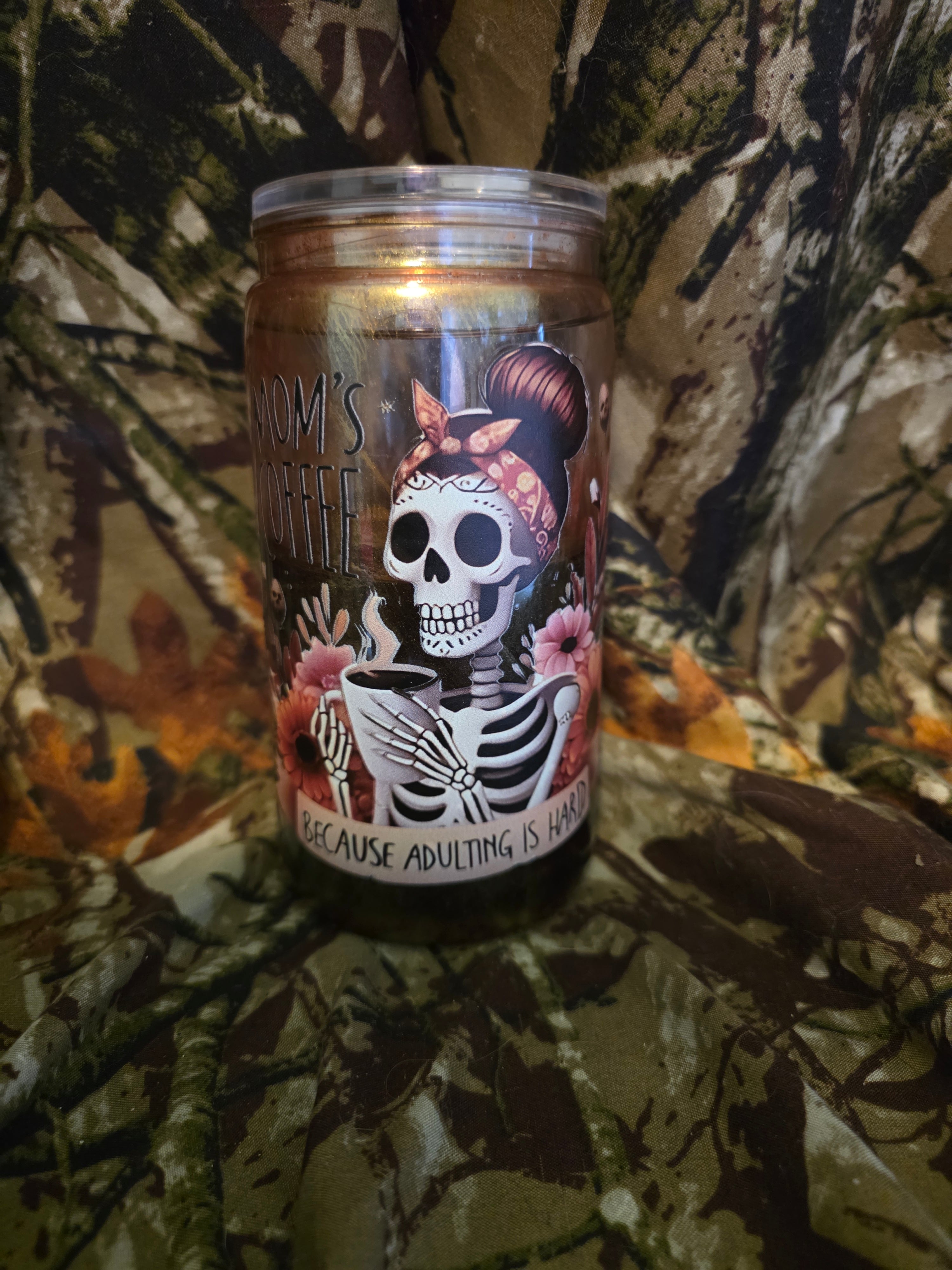 16 oz Plastic Snow Globe Tumbler – Skeleton Mom’s Coffee Design