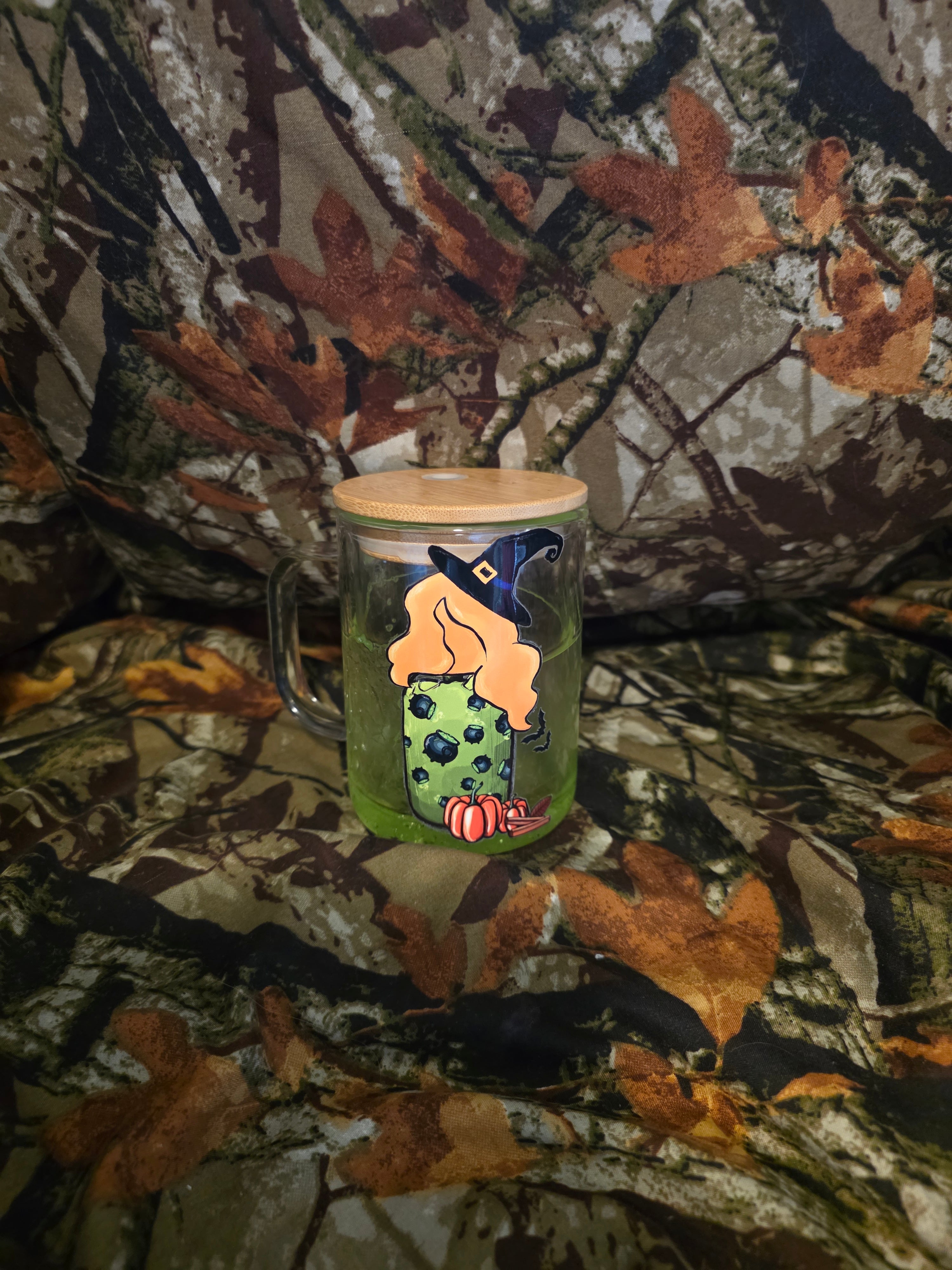 Witchy Snow Globe Glass Coffee Mug with Bamboo Lid & Straw