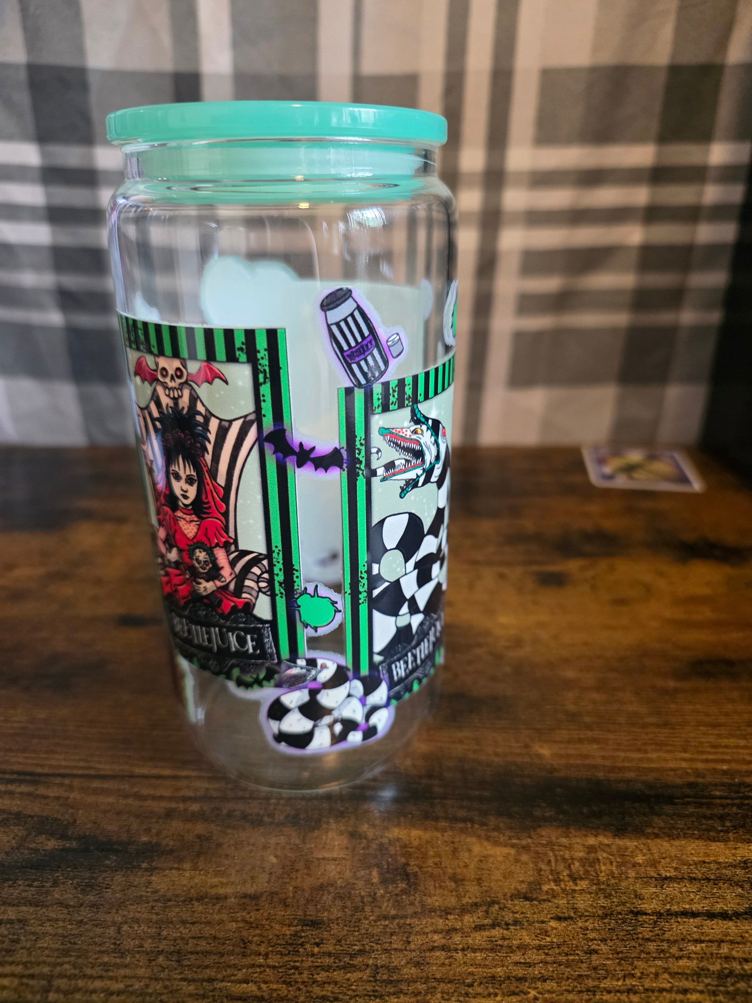 16 oz Glass Can Cup – Ghostly Black & White Halloween Inspired Design – Bamboo Lid & Glass Straw