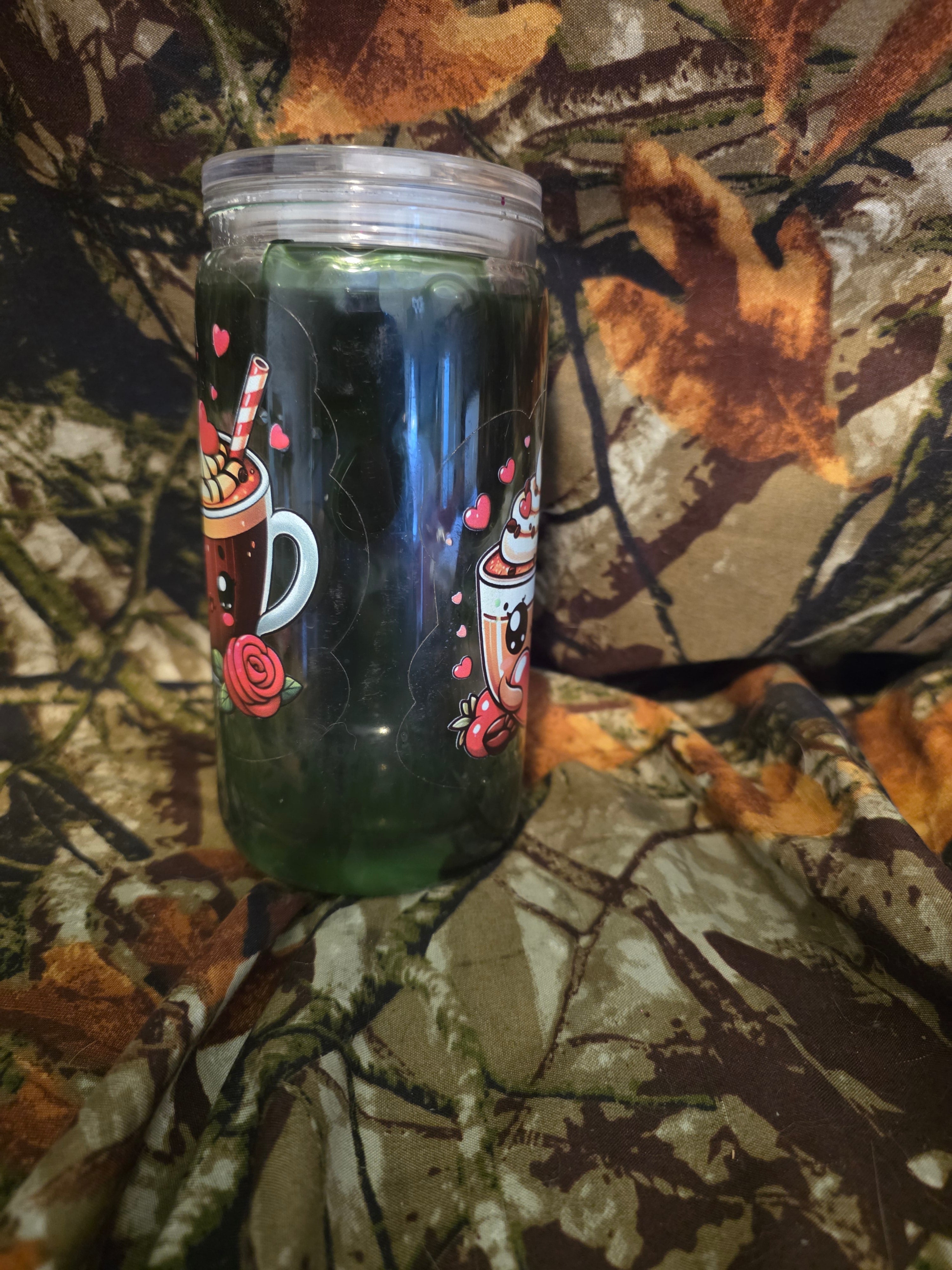 16 oz Plastic Snow Globe Tumbler – Cute Coffee & Hearts Design