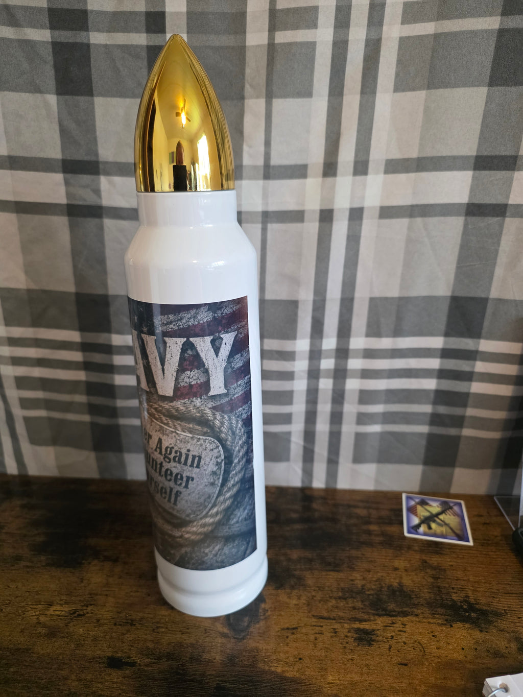 Navy "Never Again Volunteer Yourself" 32 oz Bullet Thermos – Dog Tag Edition