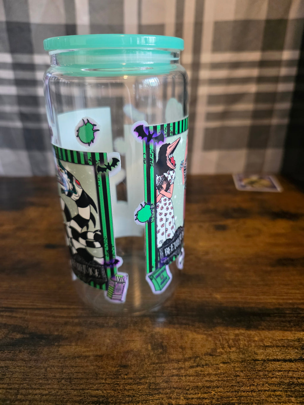 16 oz Glass Can Cup – Ghostly Black & White Halloween Inspired Design – Bamboo Lid & Glass Straw
