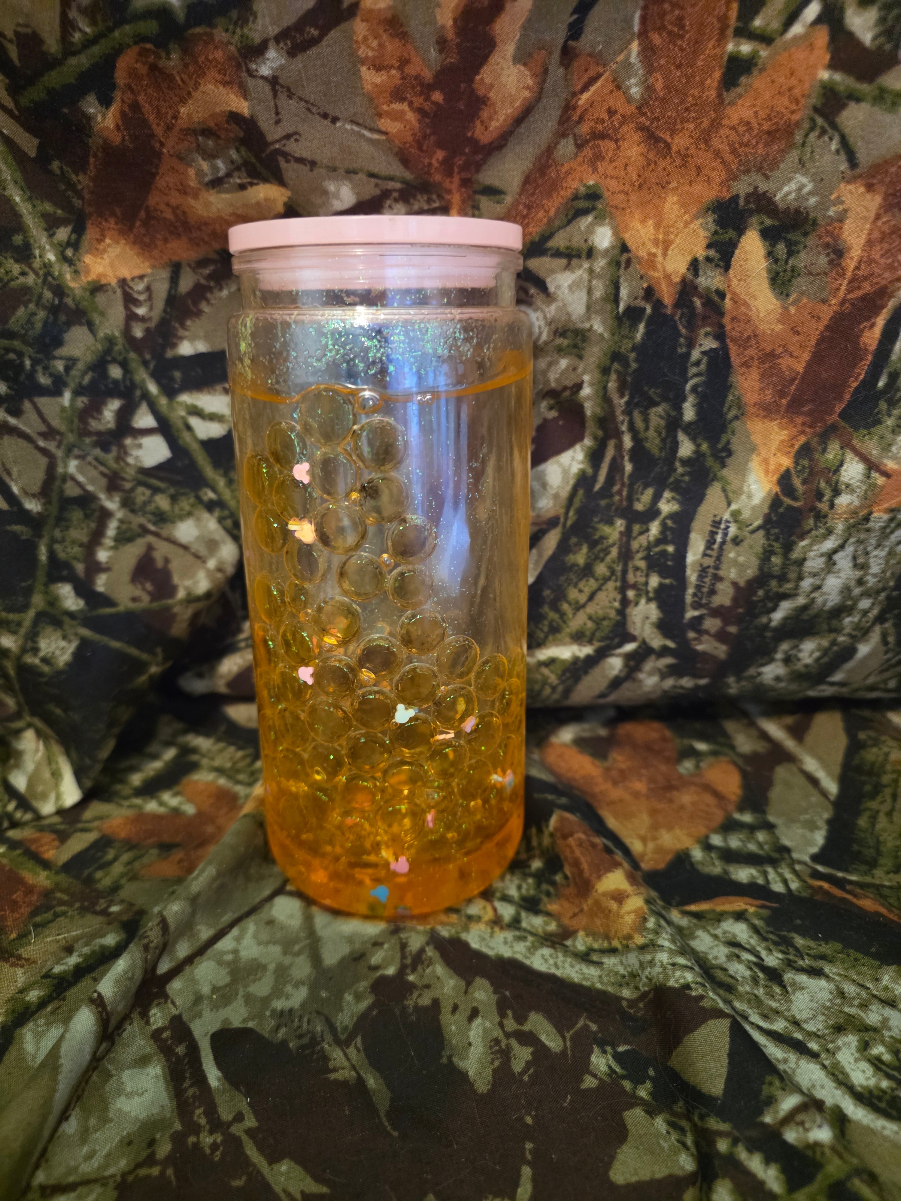 20 oz Plastic Snow Globe Tumbler – Peach Bubble Glitter Cup