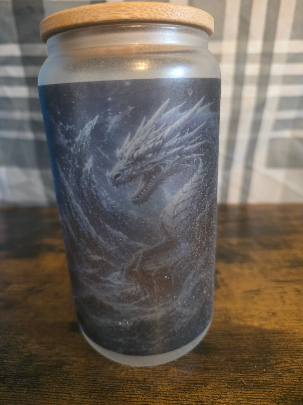 Glow in the Dark Blue Dragon 16 oz Frosted Glass Cup with Bamboo Lid