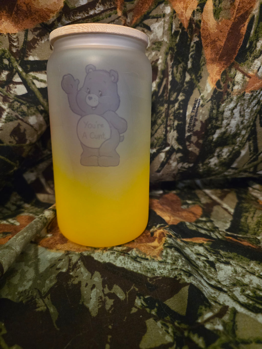 16 oz Frosted Glass Can Tumbler – Funny Care Bear Adult Humor Cup