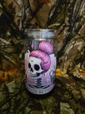 16 oz Plastic Snow Globe Tumbler – Pink Skeleton Coffee Design