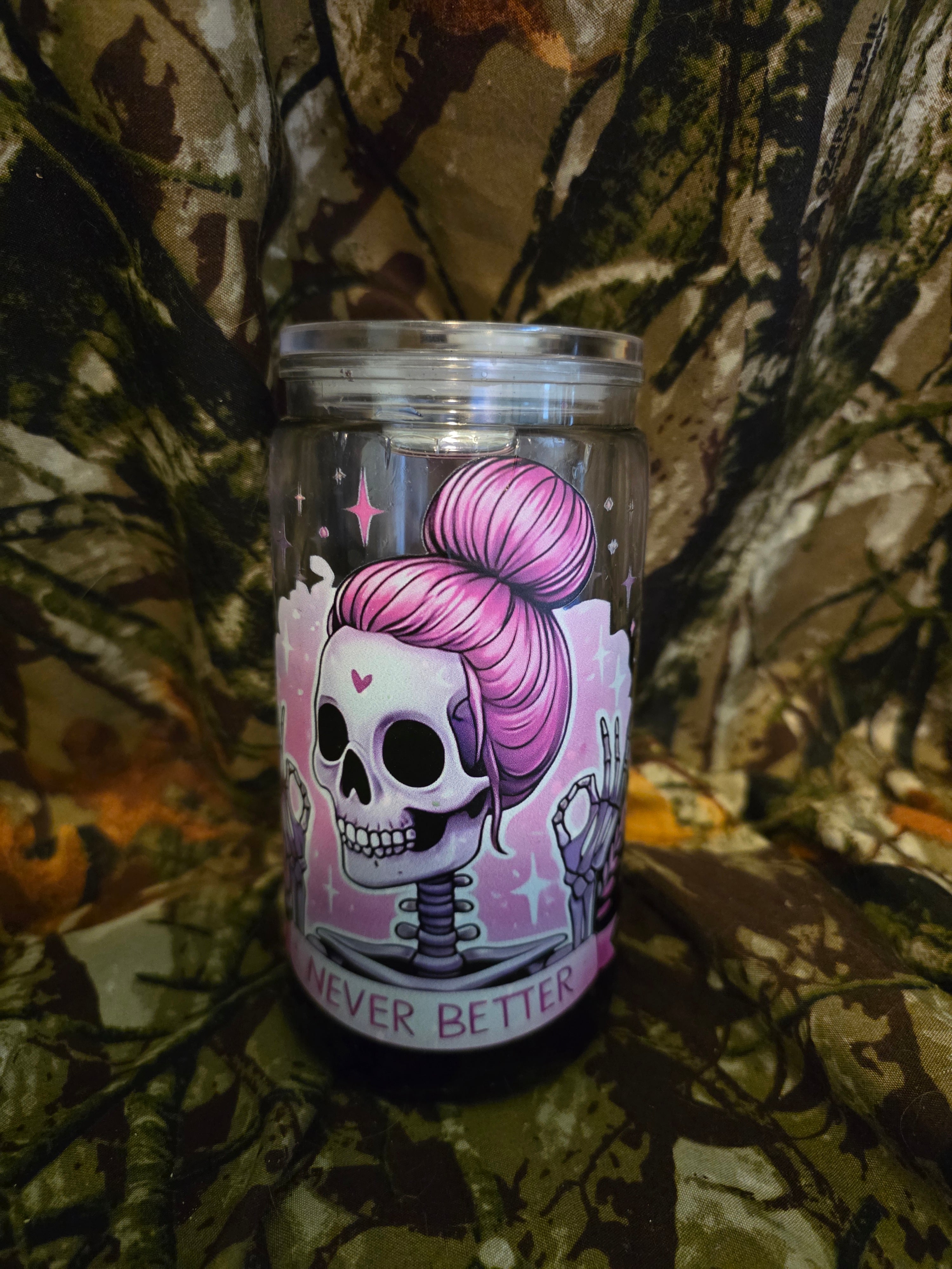 16 oz Plastic Snow Globe Tumbler – Pink Skeleton Coffee Design
