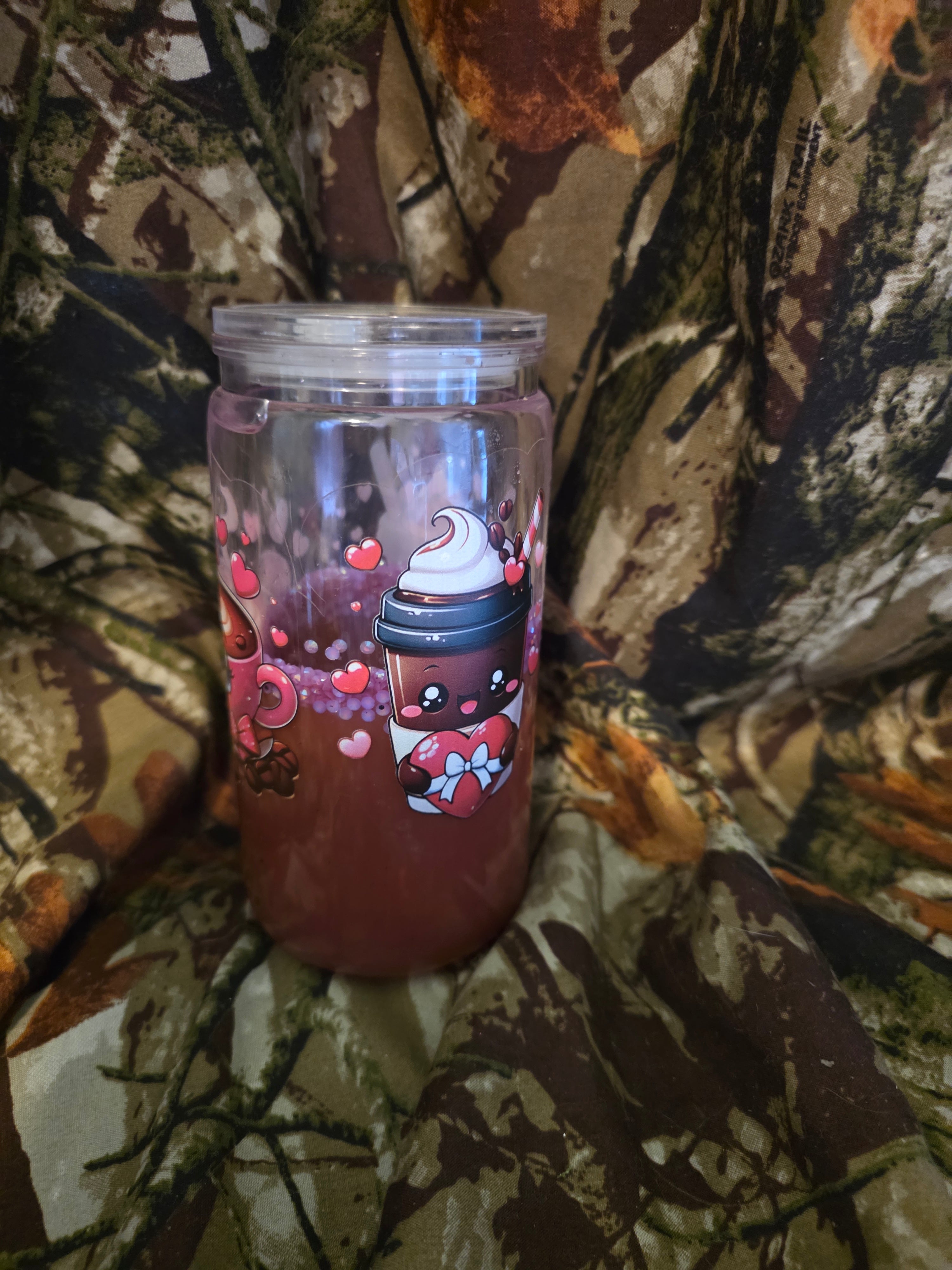 16 oz Plastic Snow Globe Tumbler – Cute Coffee & Hearts Design