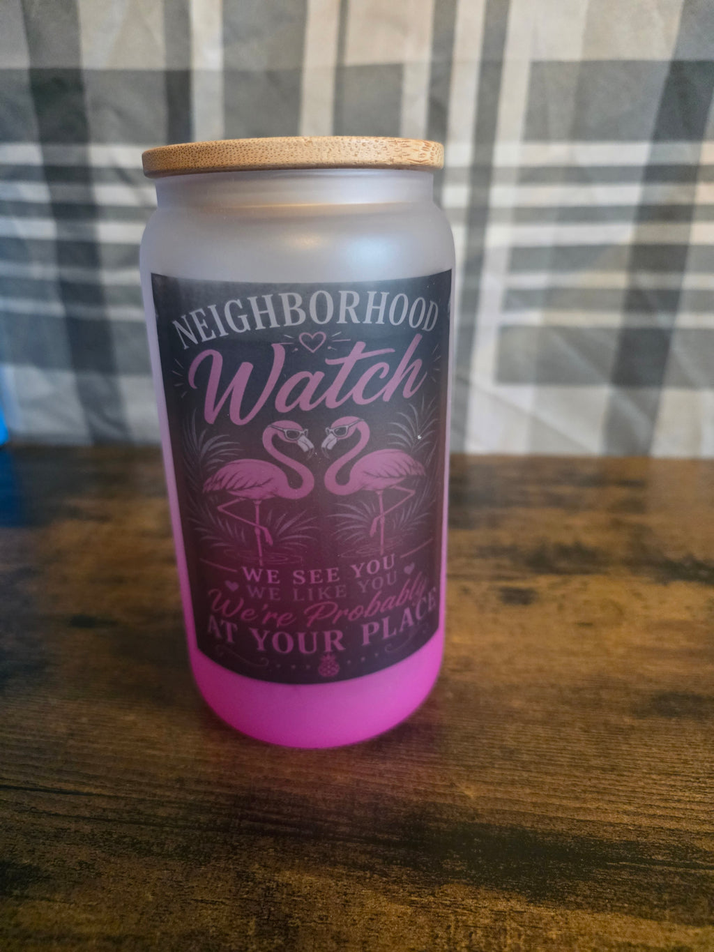 Neighborhood Watch Flamingo 16 oz Frosted Glass Can with Bamboo Lid