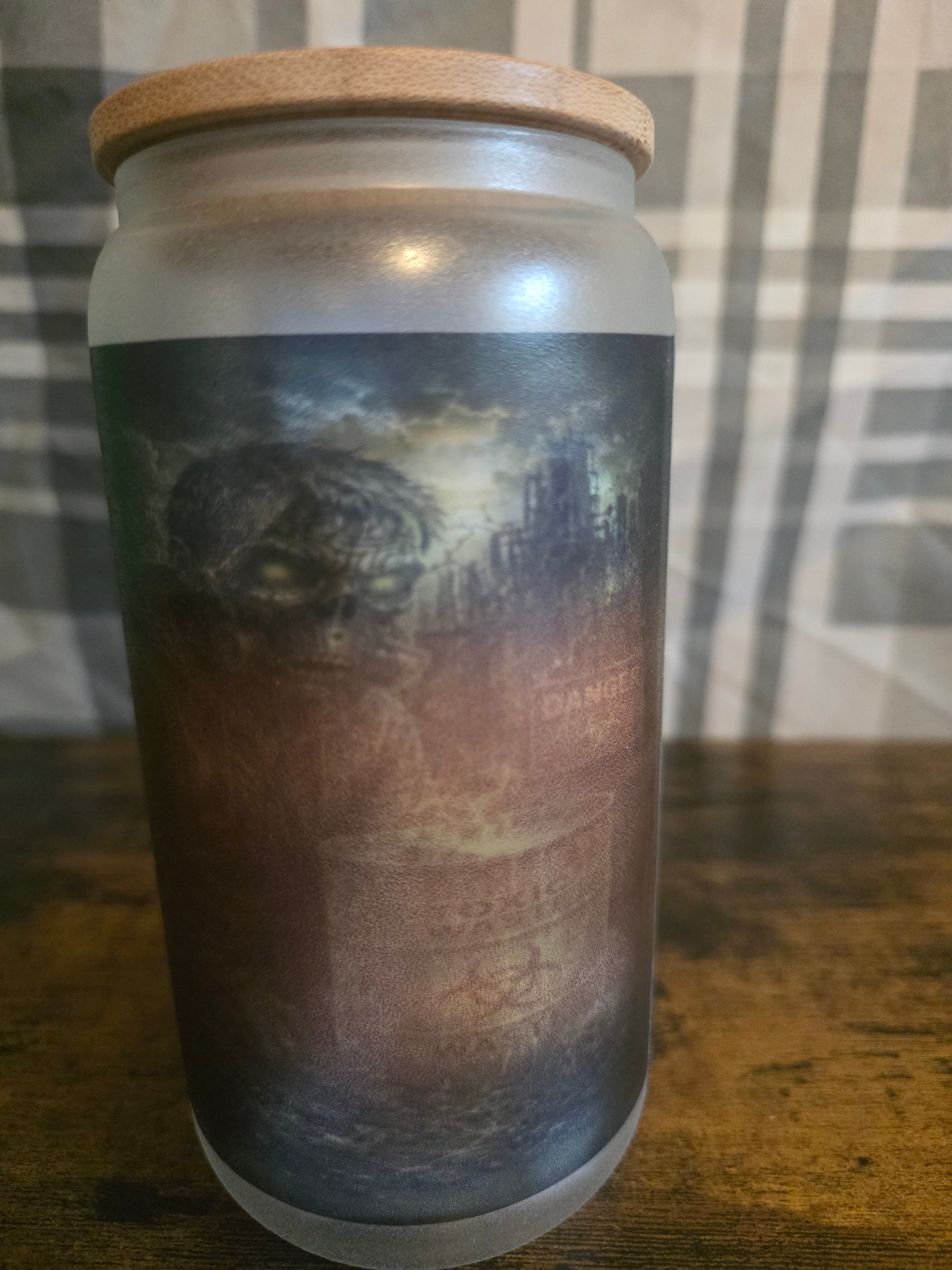 16 oz Frosted Glow in the Dark Green Glass Can Cup – Zombie Apocalypse – Bamboo Lid & Glass Straw