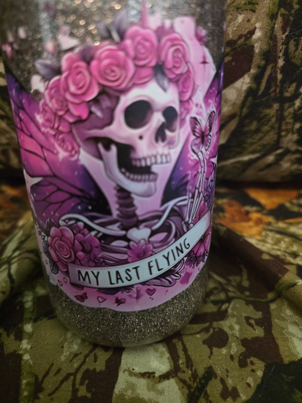 16 oz Plastic Snow Globe Tumbler – Skeleton Fairy Glitter Cup
