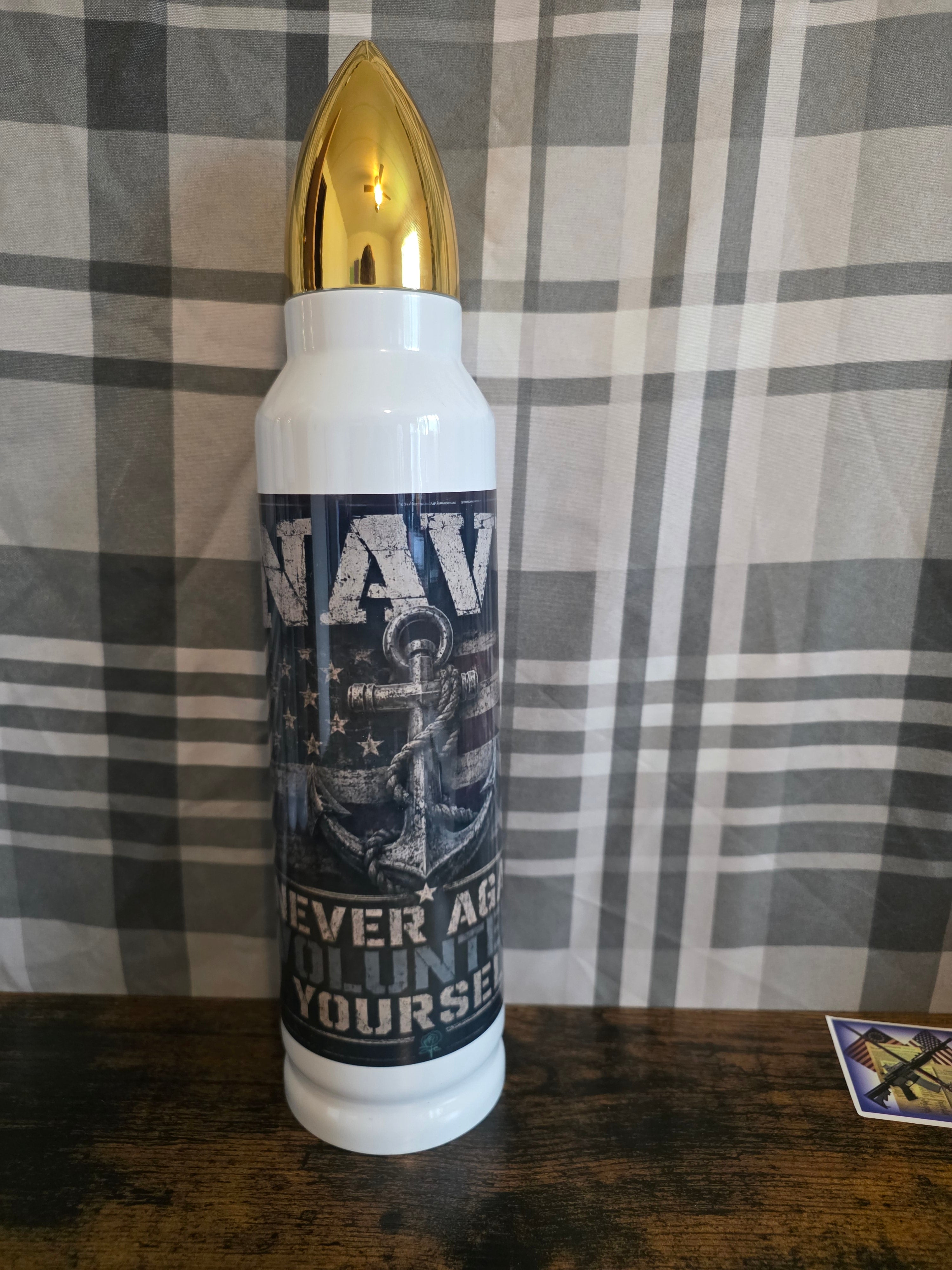 Navy "Never Again Volunteer Yourself" 32 oz Bullet Thermos