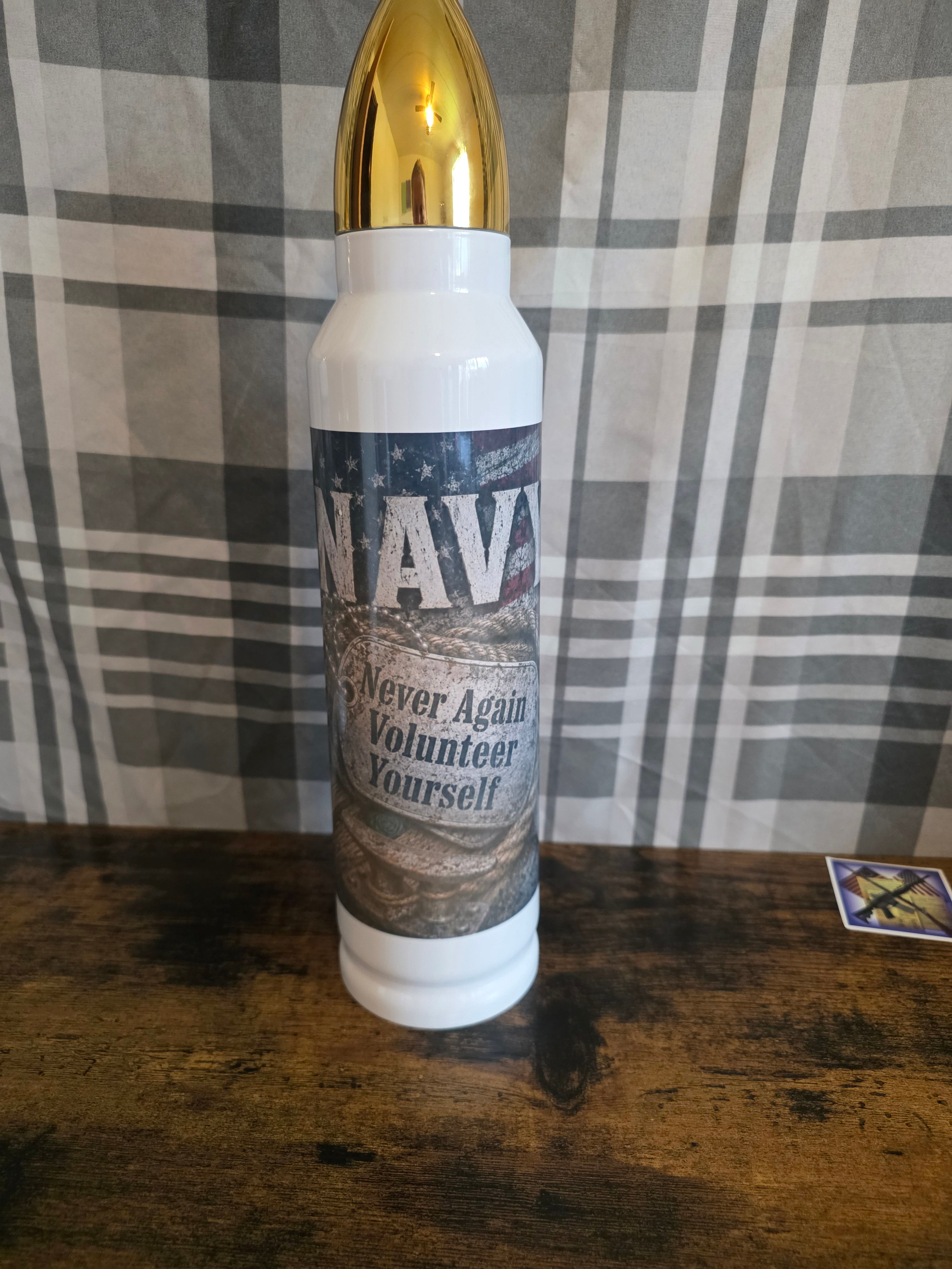 Navy "Never Again Volunteer Yourself" 32 oz Bullet Thermos – Dog Tag Edition