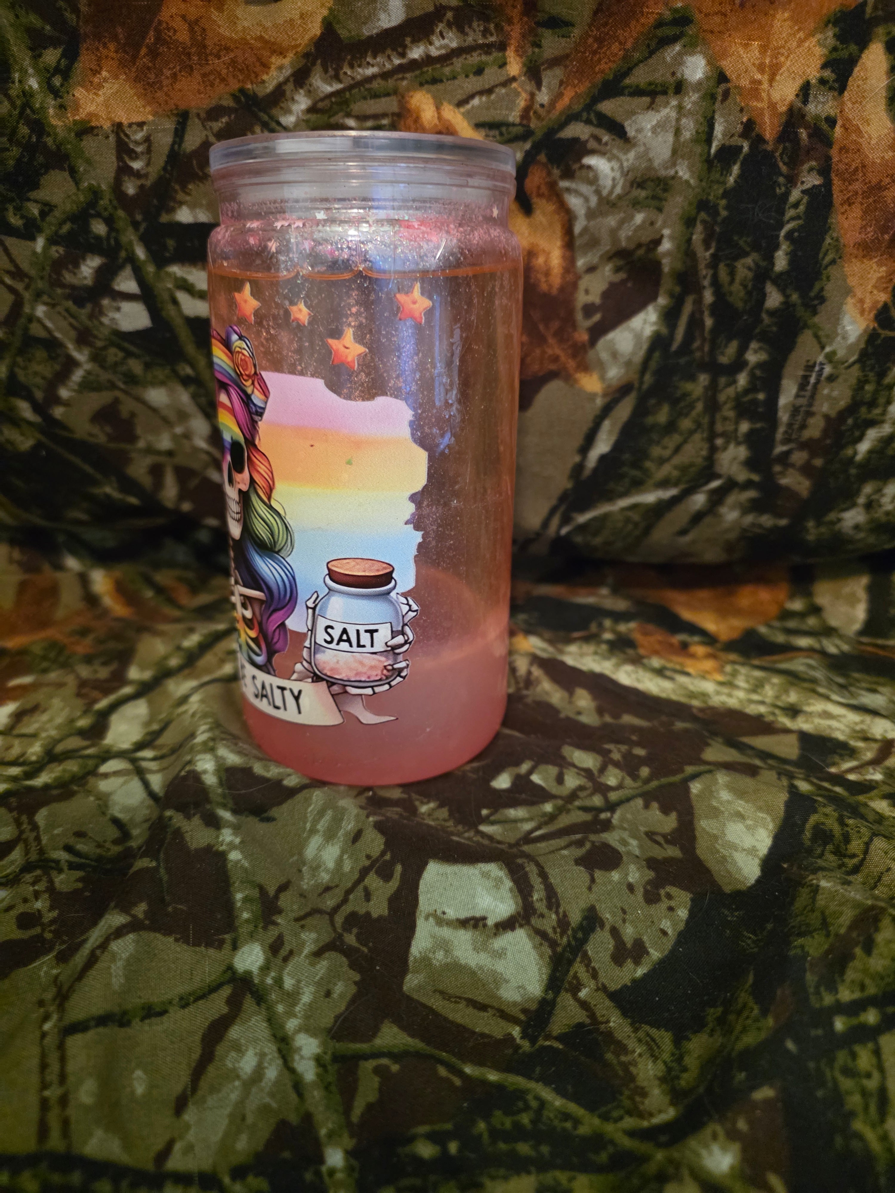 16 oz Plastic Snow Globe Tumbler – Don’t Be Salty Rainbow Skeleton Cup