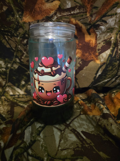 16 oz Plastic Snow Globe Tumbler – Cute Coffee & Hearts Design