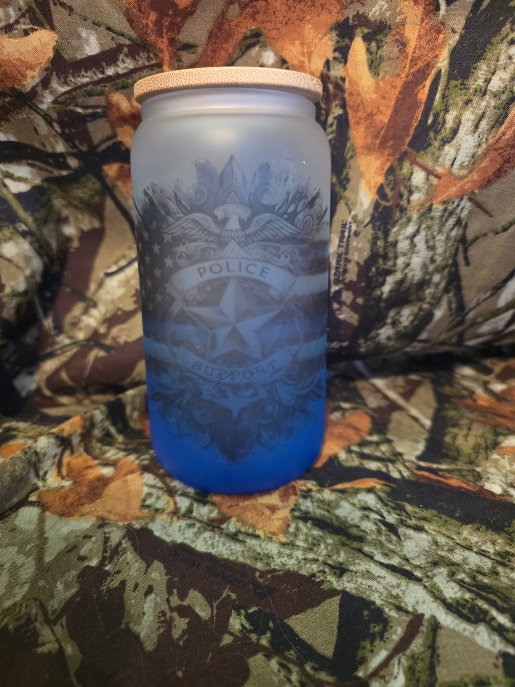 16 oz Frosted Blue Line Police Glass  Tumbler