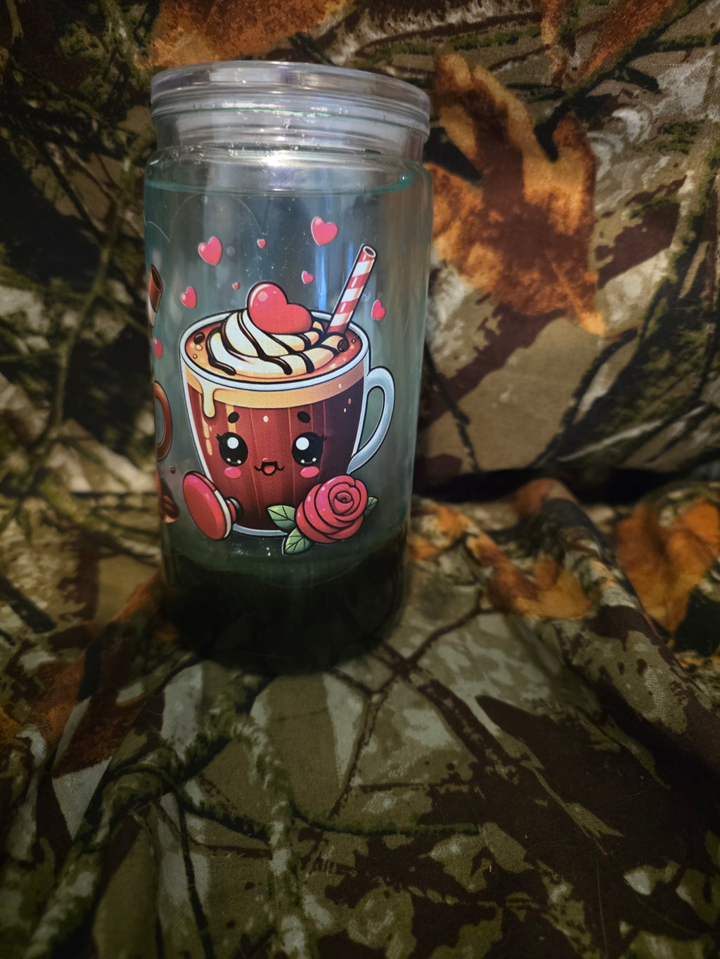 16 oz Plastic Snow Globe Tumbler – Cute Coffee & Hearts Design