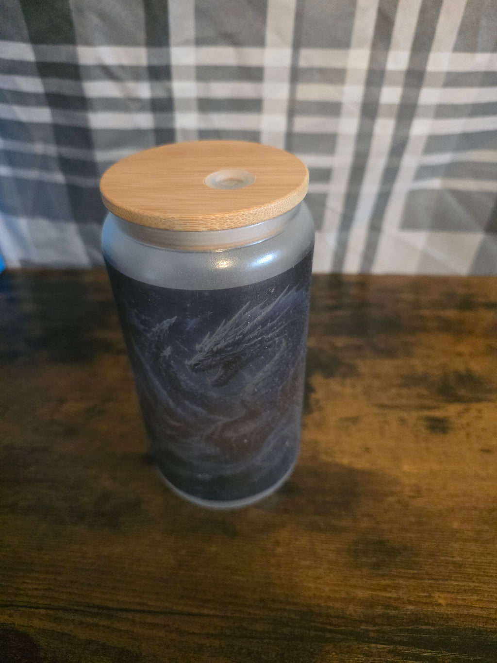 Glow in the Dark Blue Dragon 16 oz Frosted Glass Cup with Bamboo Lid
