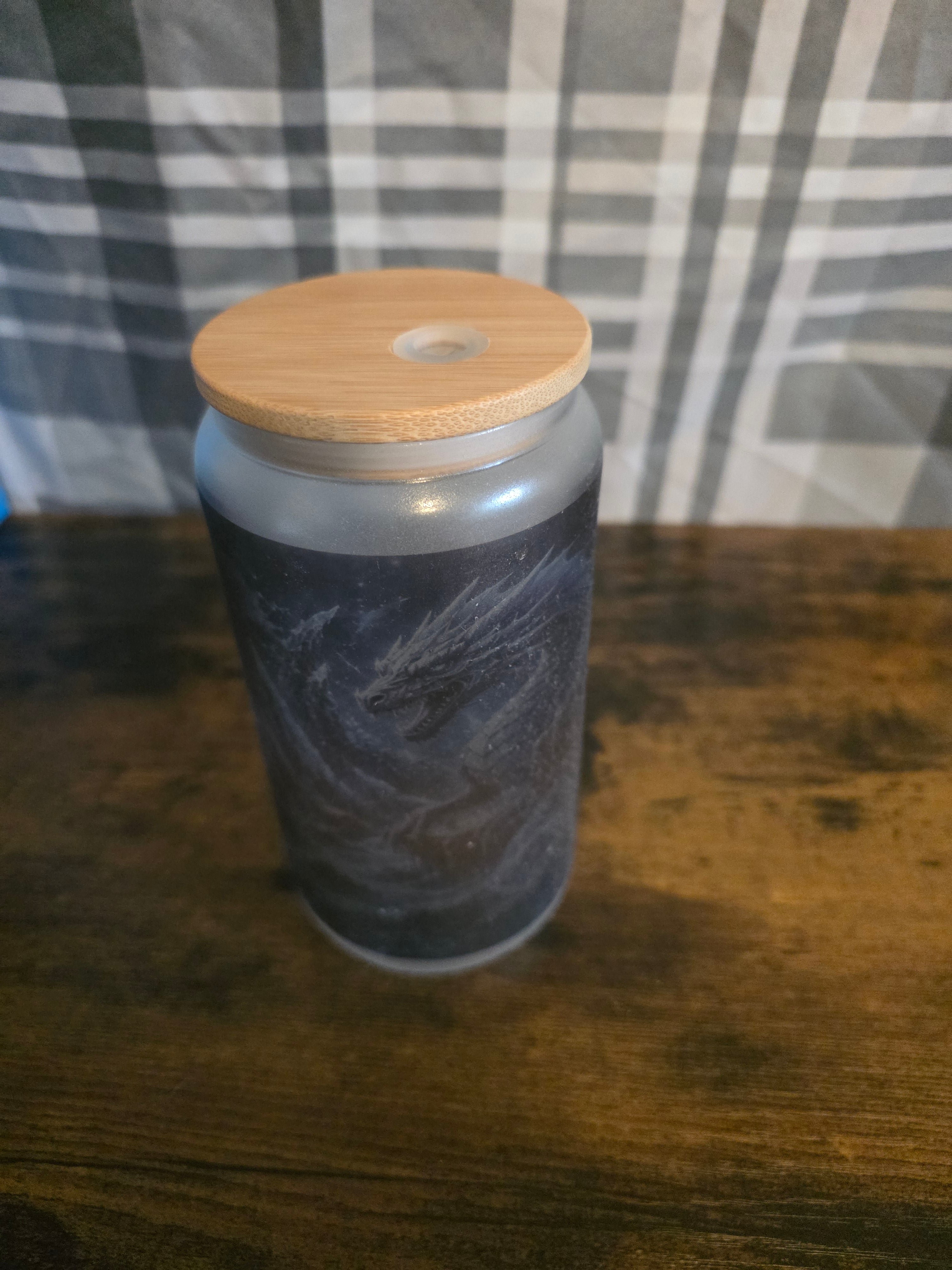 Glow in the Dark Blue Dragon 16 oz Frosted Glass Cup with Bamboo Lid