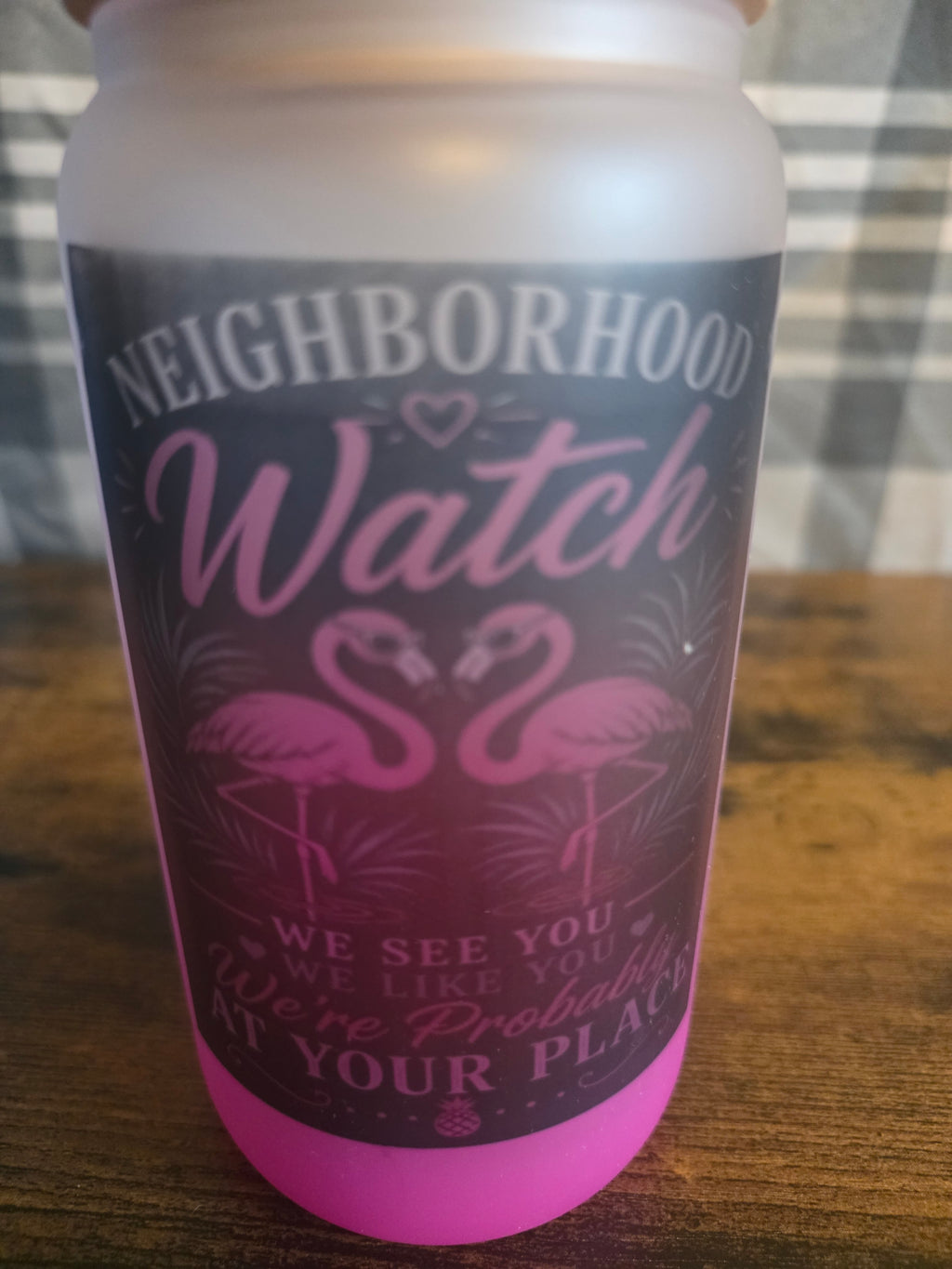 Neighborhood Watch Flamingo 16 oz Frosted Glass Can with Bamboo Lid