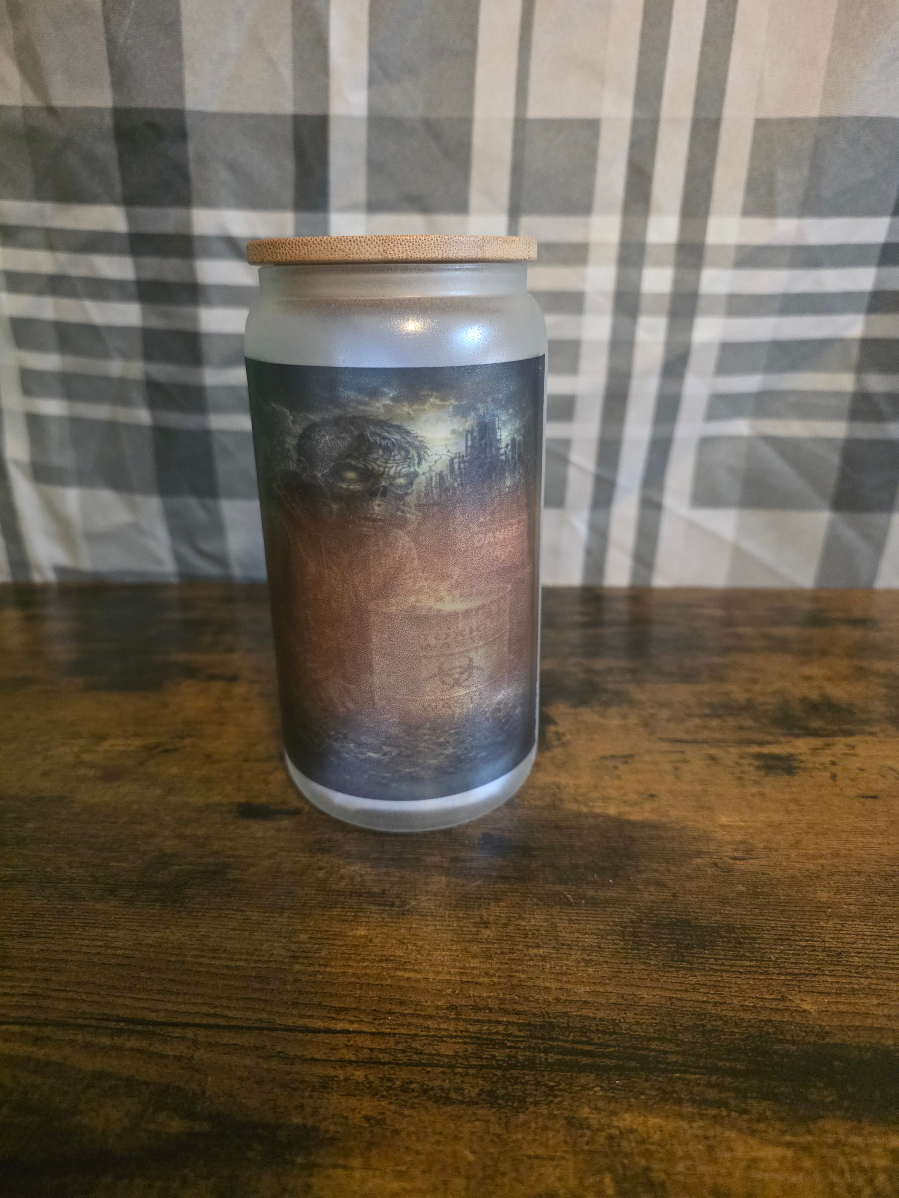 16 oz Frosted Glow in the Dark Green Glass Can Cup – Zombie Apocalypse – Bamboo Lid & Glass Straw