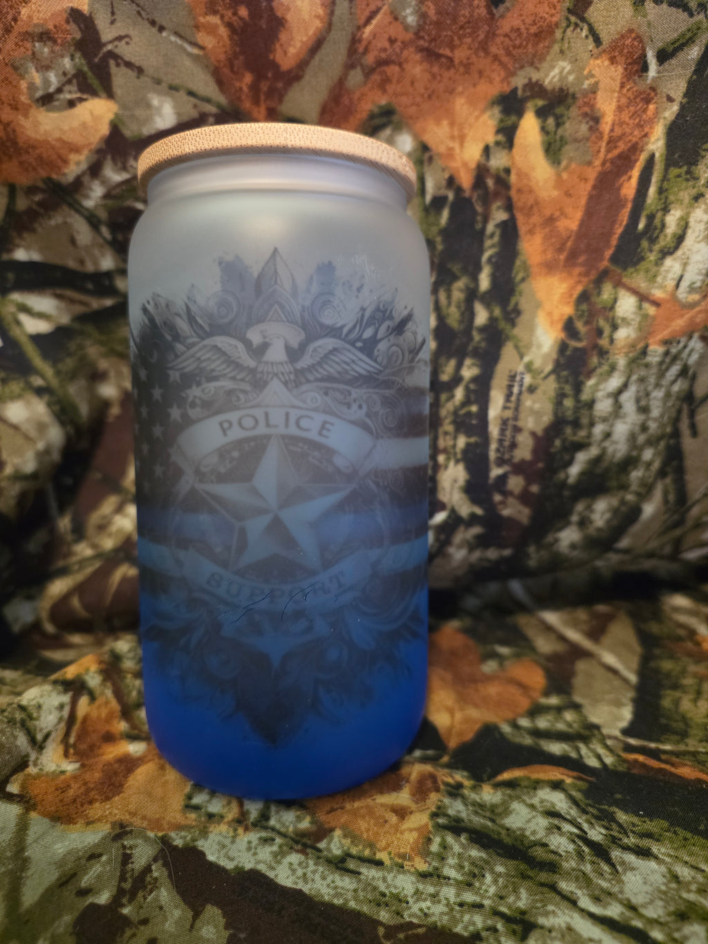 16 oz Frosted Blue Line Police Glass  Tumbler