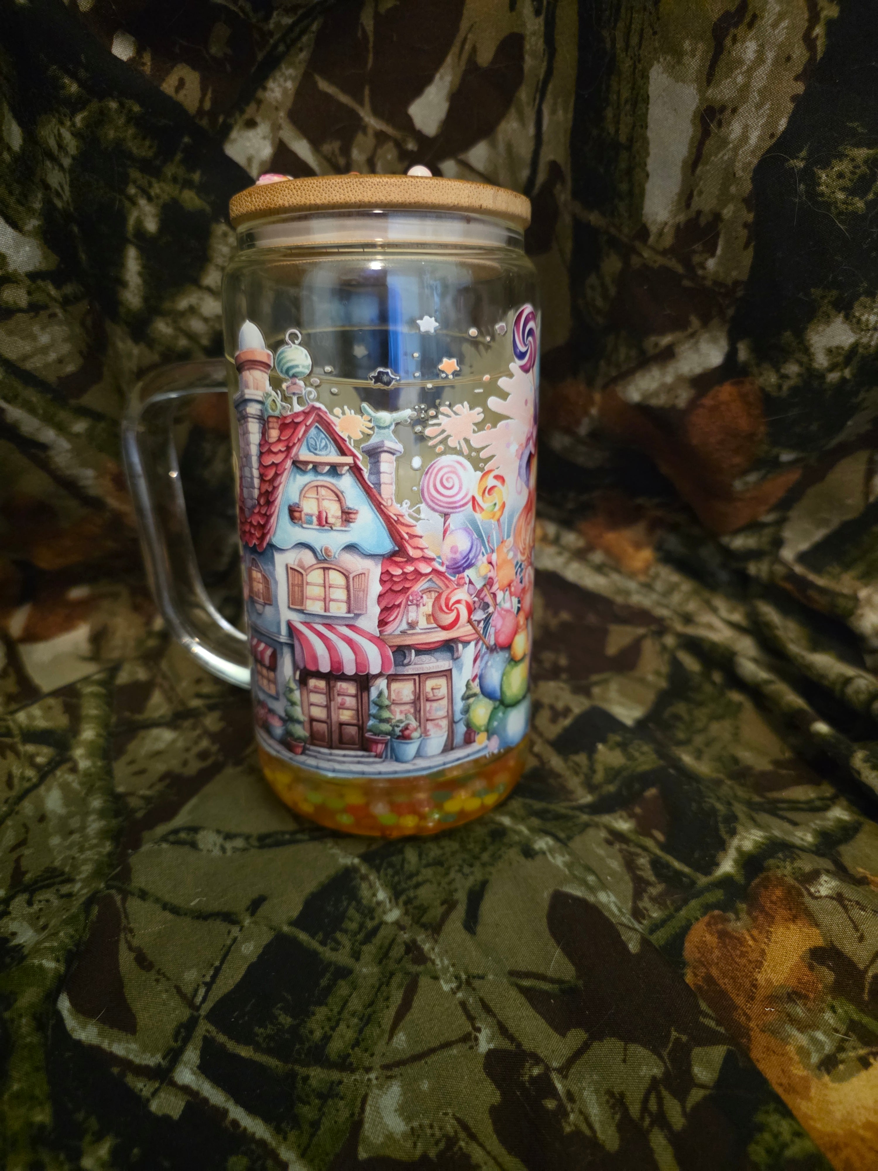 Candy Village Snow Globe Glass Tumbler with Straw